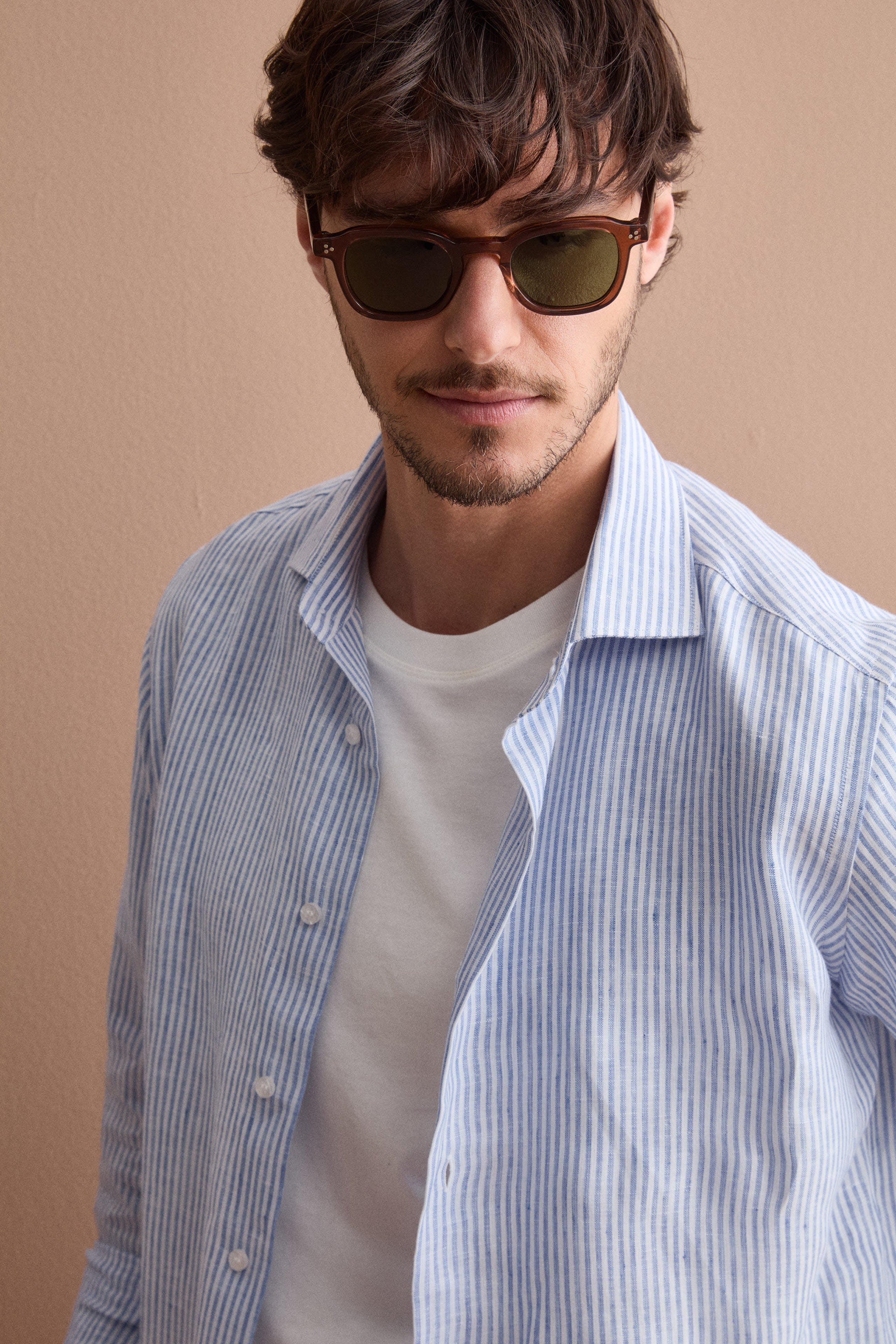 Camicia in Lino a Righe Custom Fit - AZZURRO RIGATO