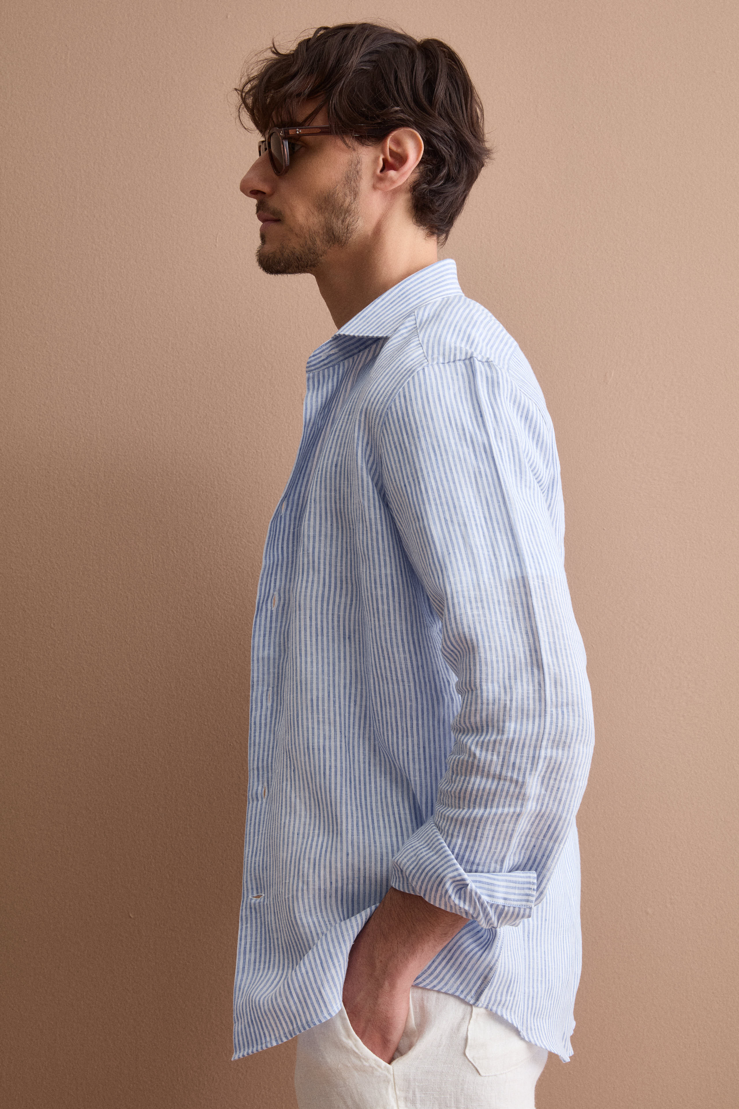 Camicia in Lino a Righe Custom Fit - AZZURRO RIGATO