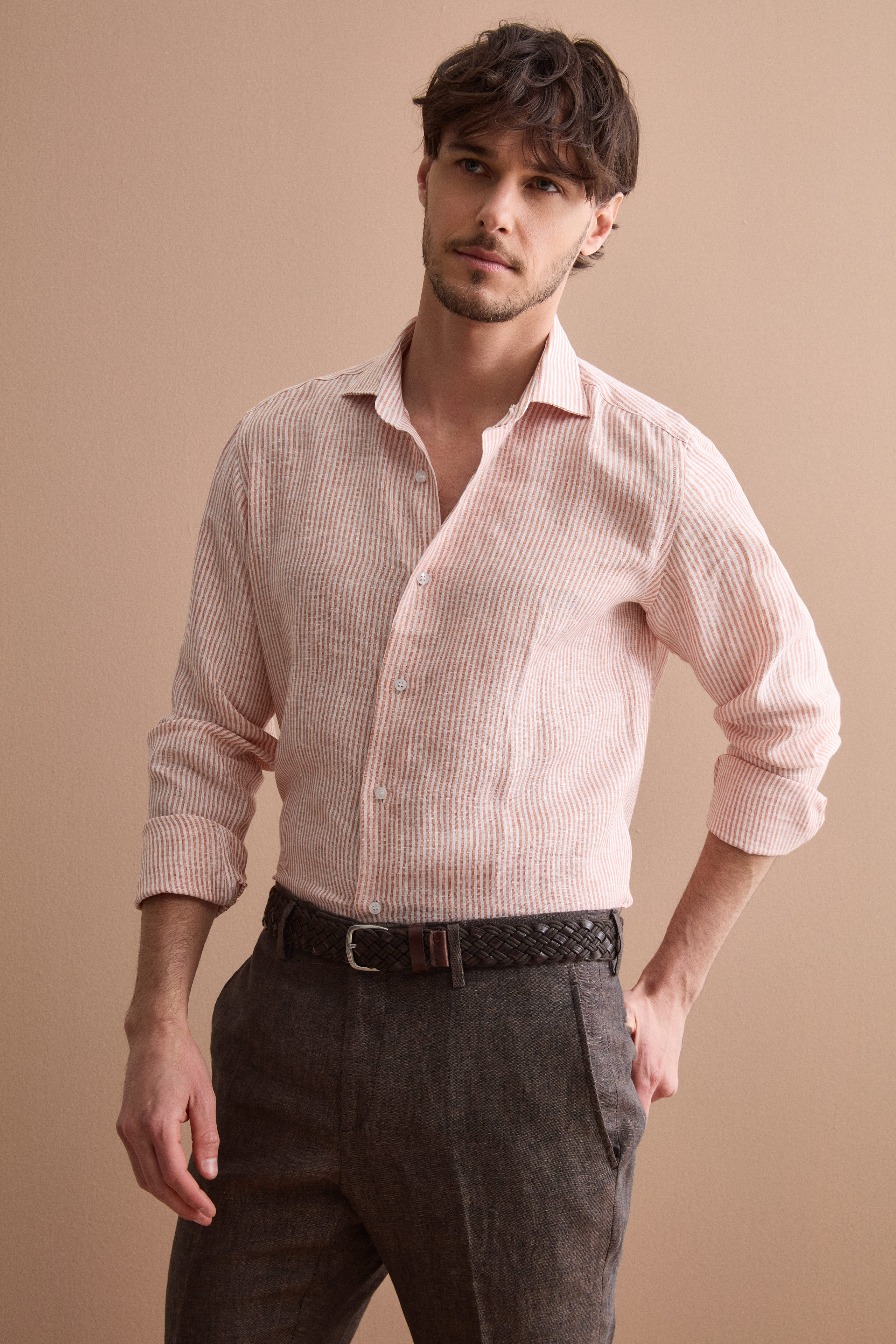 Camicia in Lino a Righe Custom Fit - RUGGINE RIGATO