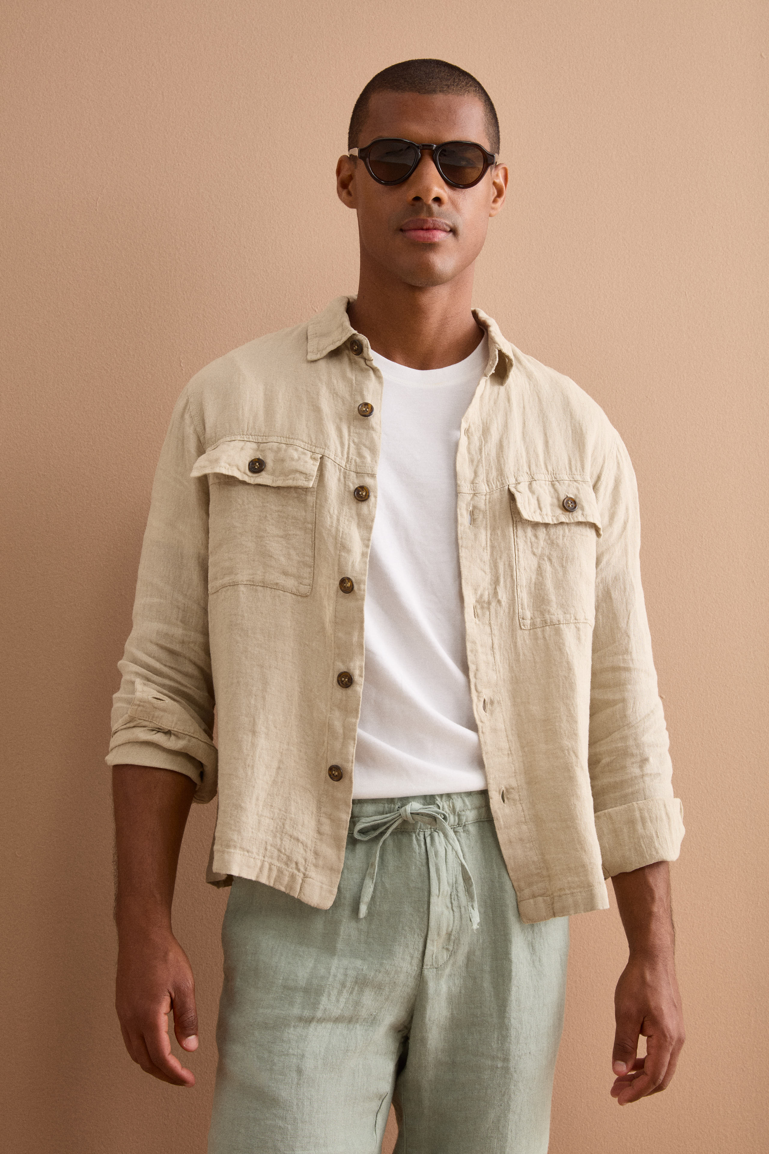 Giacca Sahariana in Lino con Tasche - BEIGE