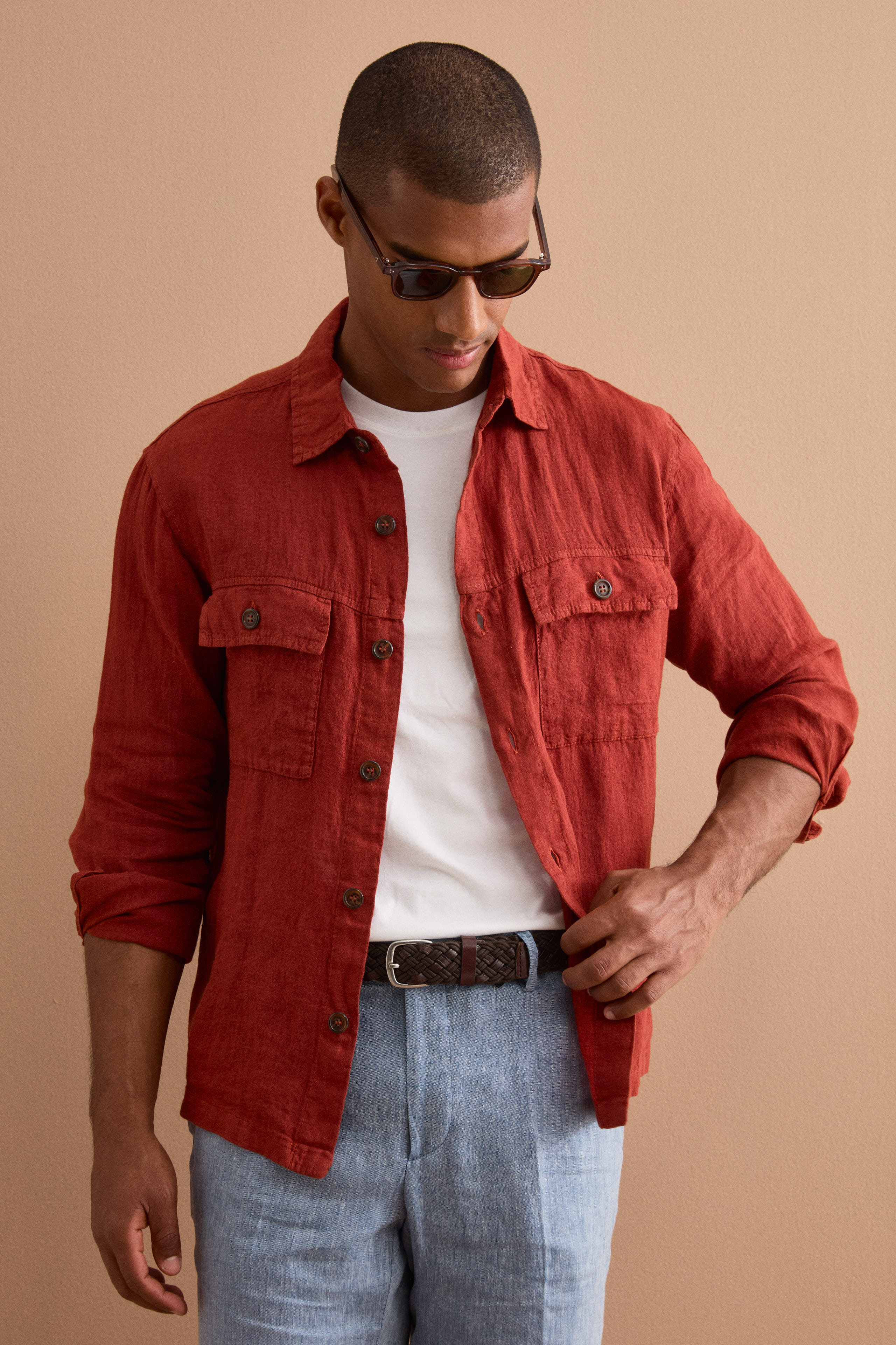 Giacca Sahariana in Lino con Tasche - MATTONE