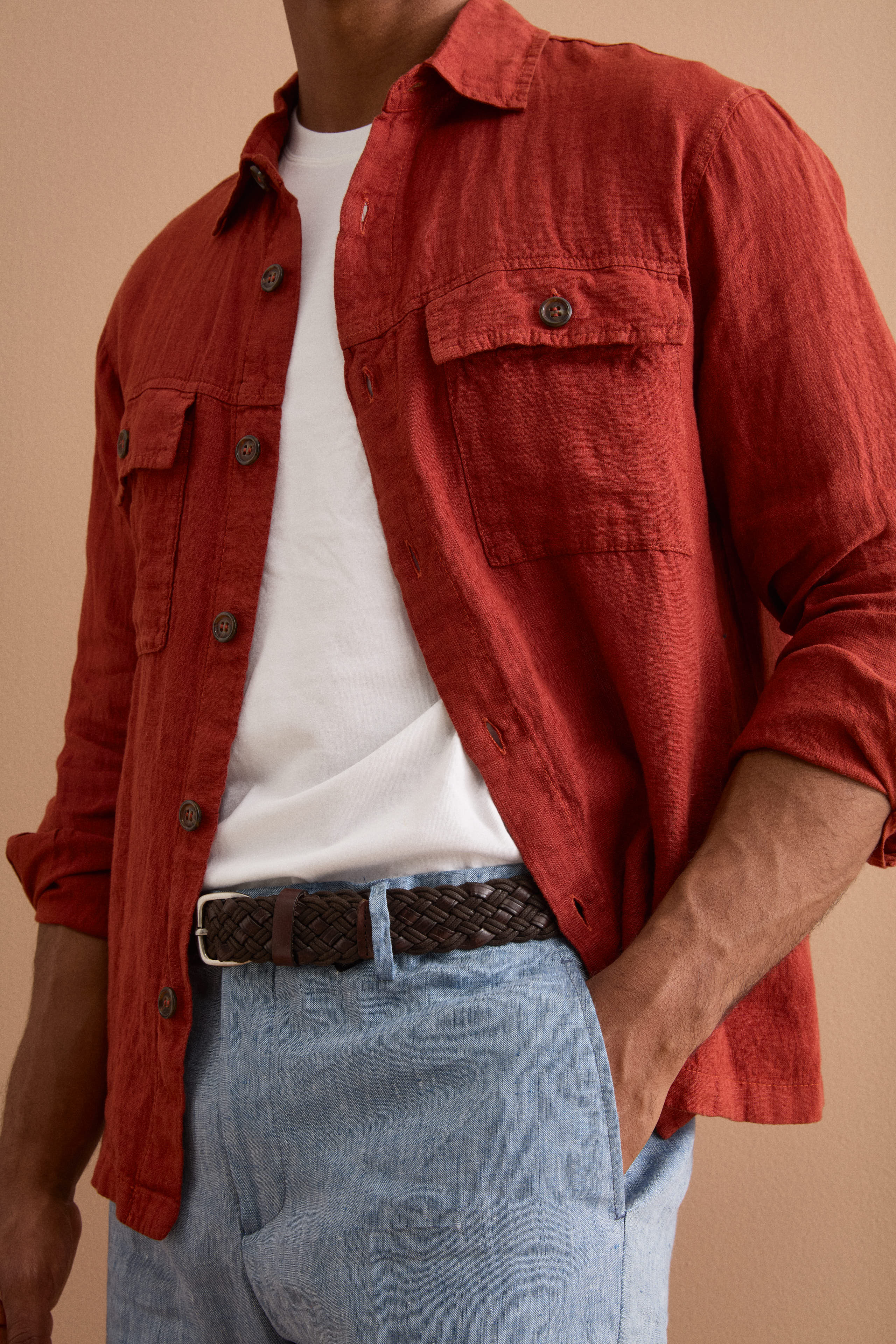 Giacca Sahariana in Lino con Tasche - MATTONE