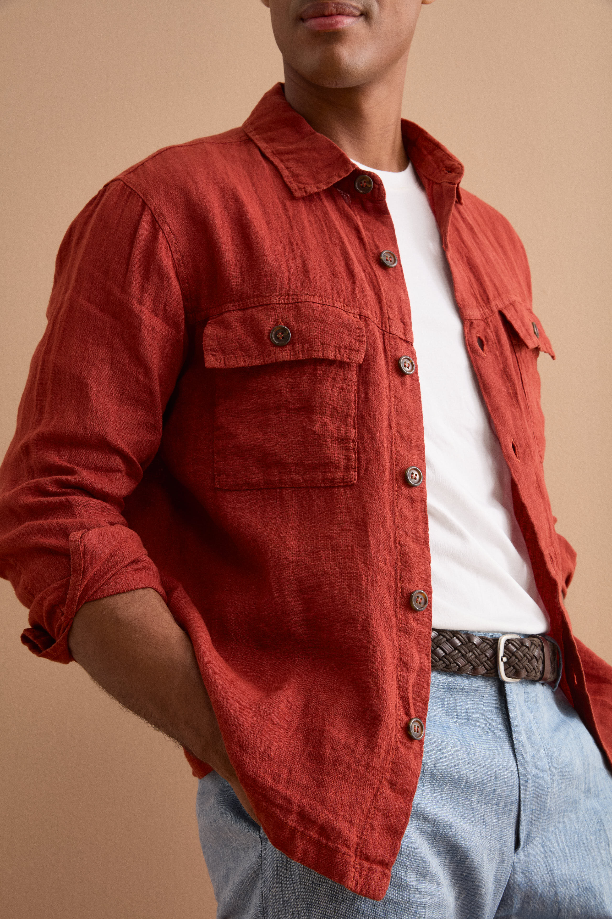 Giacca Sahariana in Lino con Tasche - MATTONE