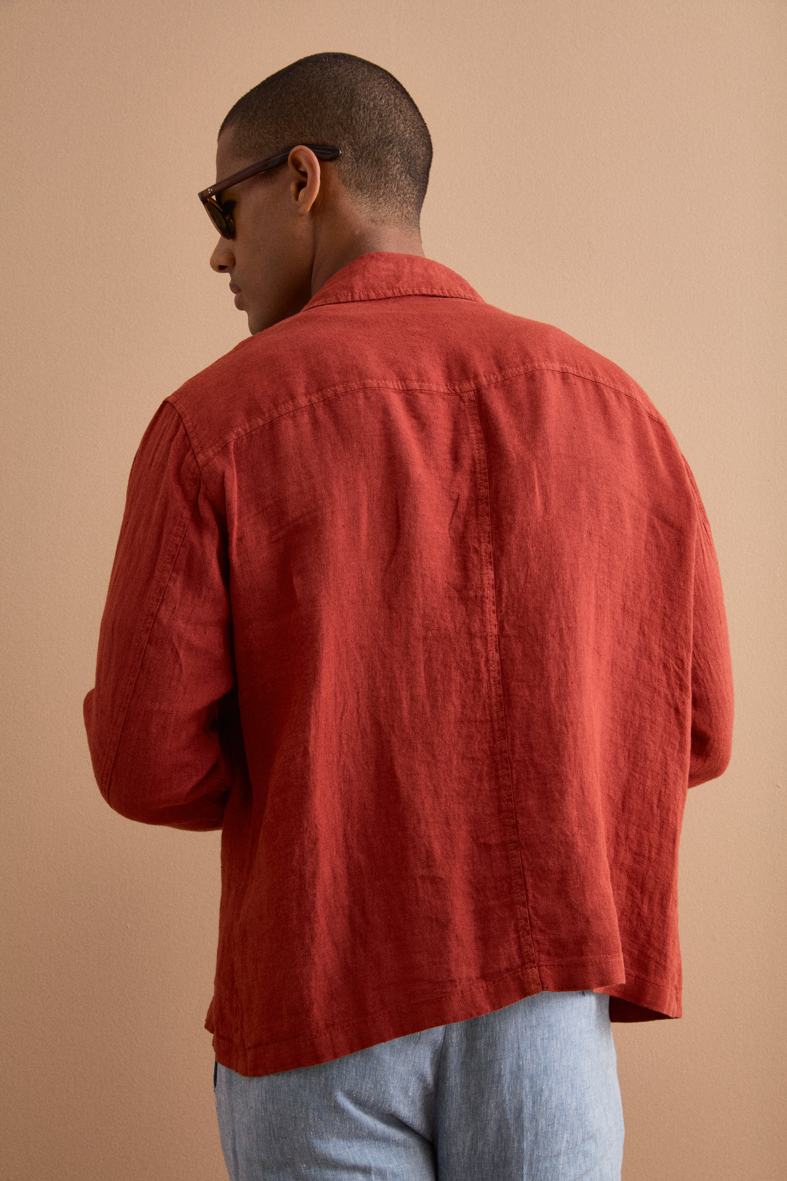 Giacca Sahariana in Lino con Tasche - MATTONE