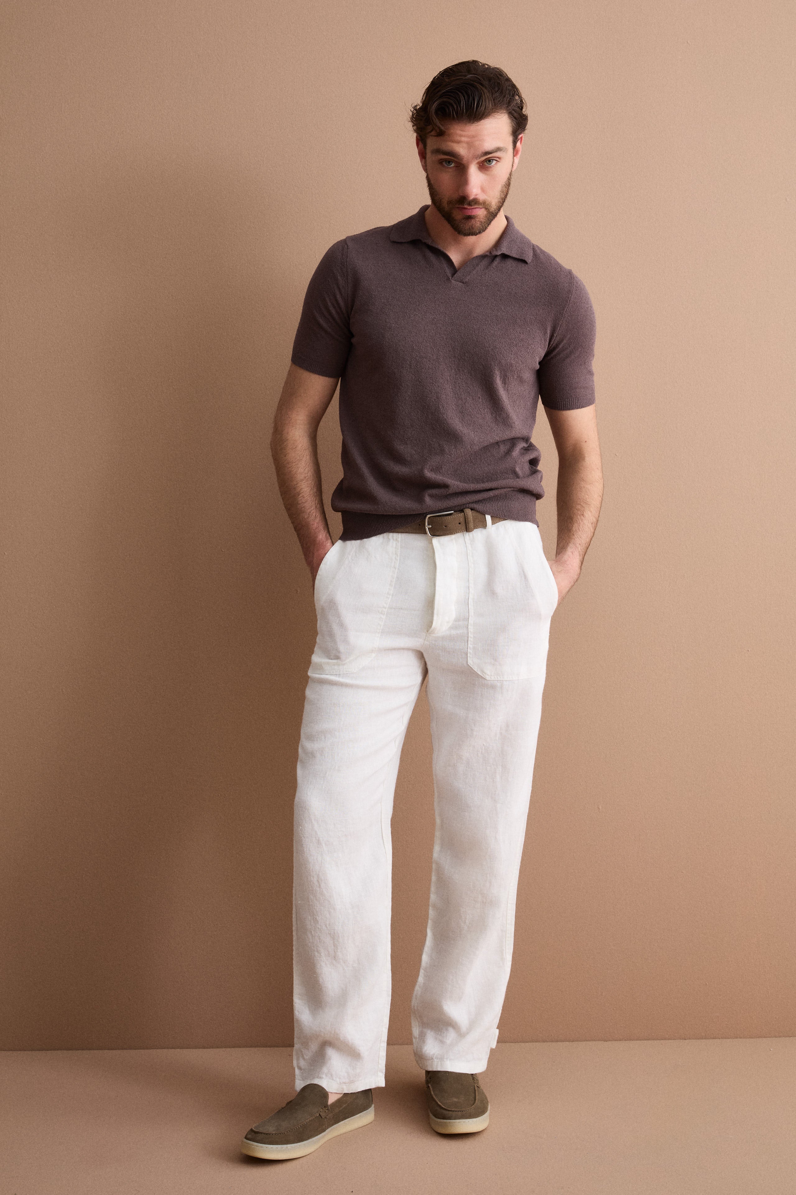 Pantalone Straight in Lino con Tasche e Alamaro - PANNA