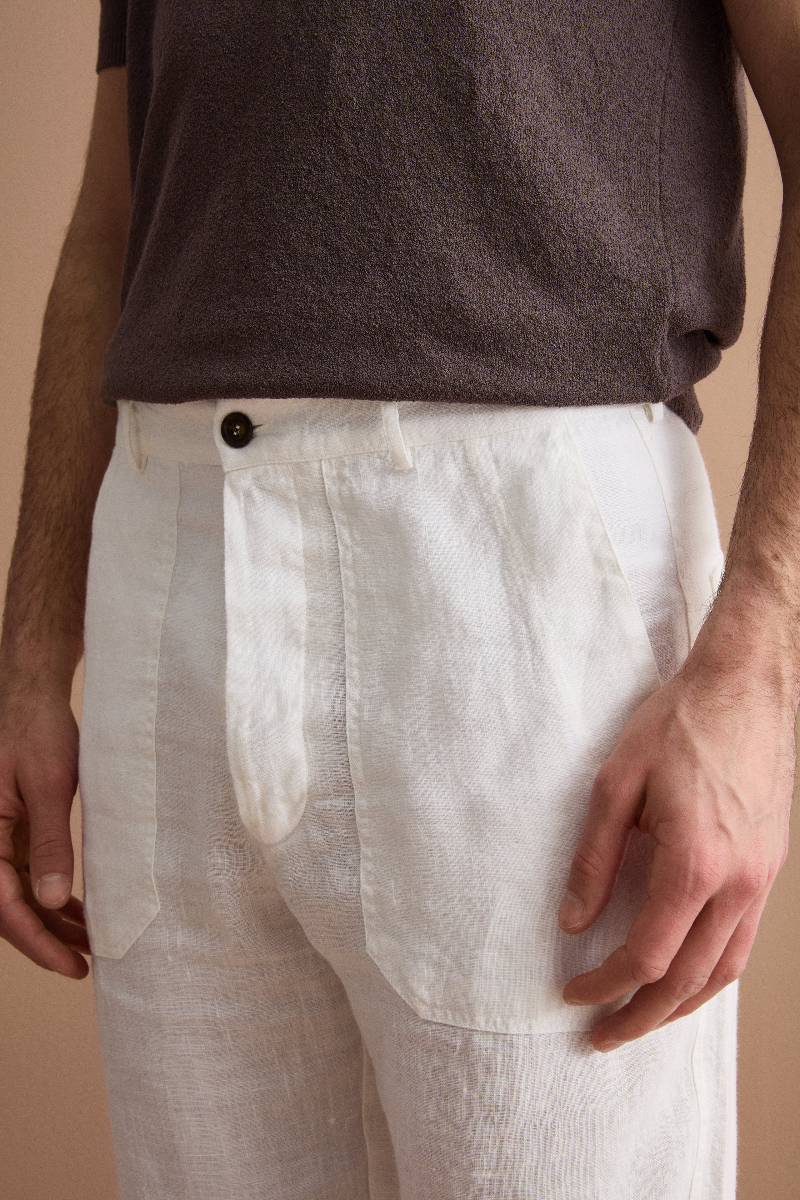 Pantalone Straight in Lino con Tasche e Alamaro - PANNA