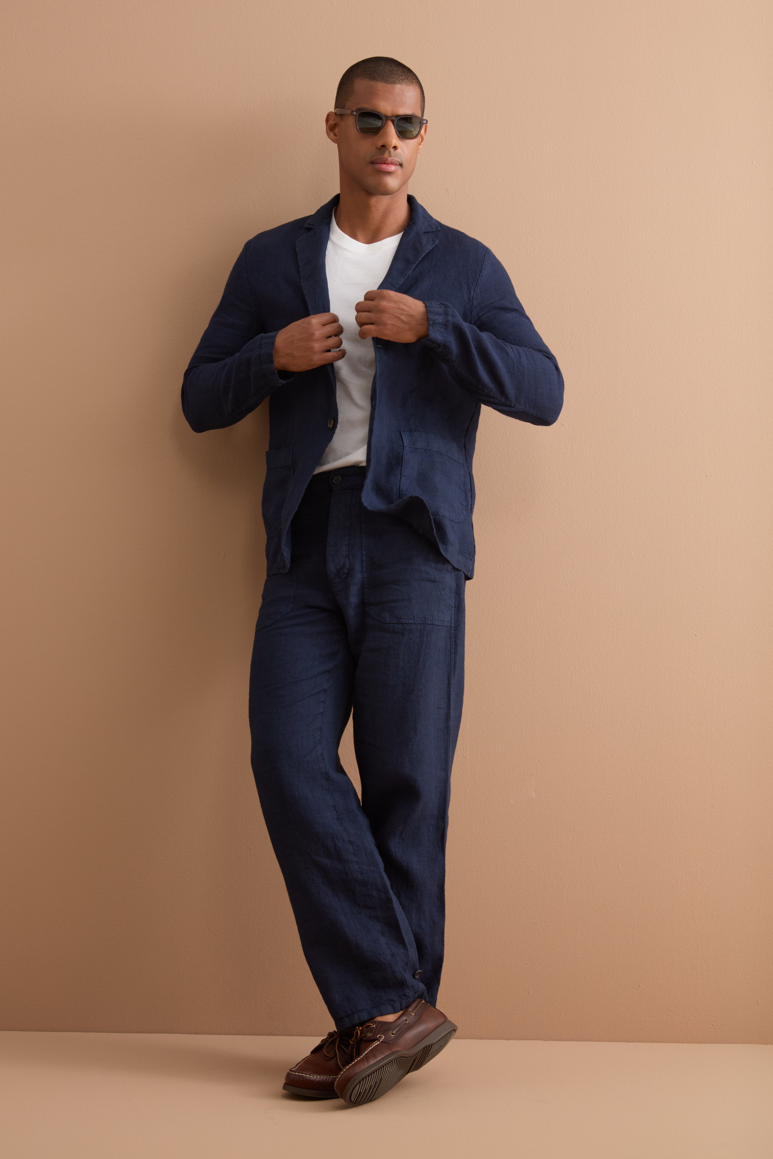 Pantalone Straight in Lino con Tasche e Alamaro - BLU
