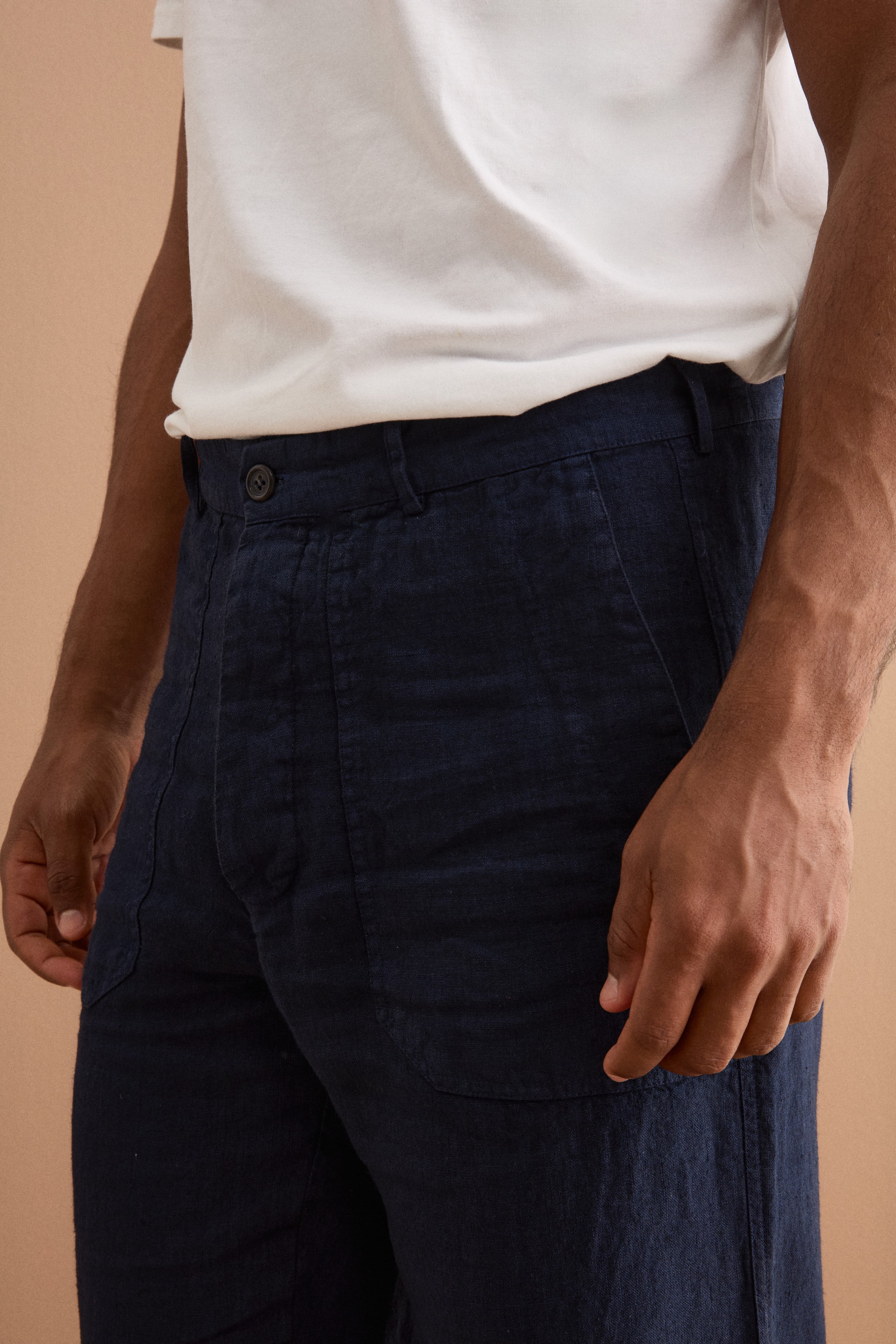Pantalone Straight in Lino con Tasche e Alamaro - BLU