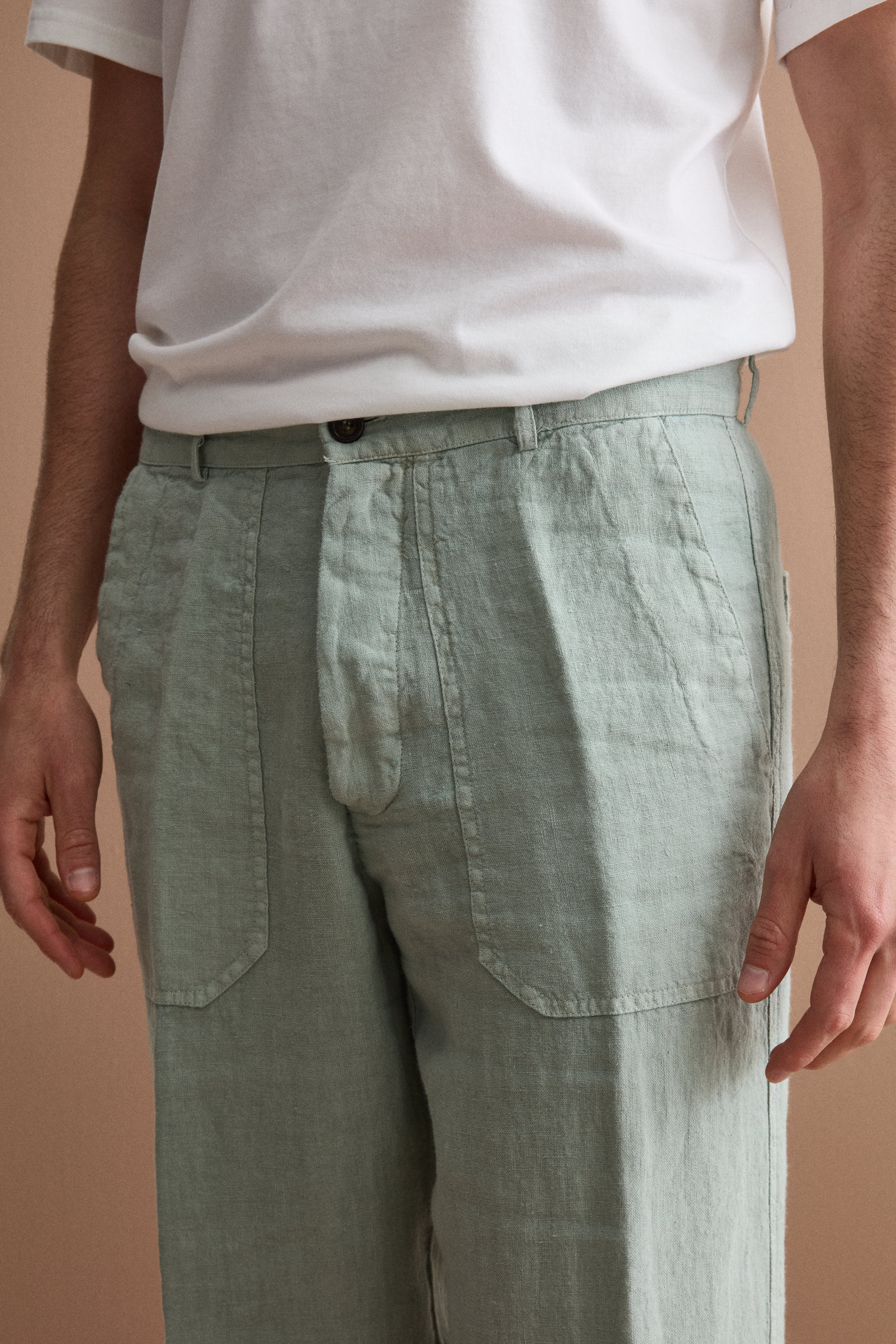 Pantalone Straight in Lino con Tasche e Alamaro - VERDE