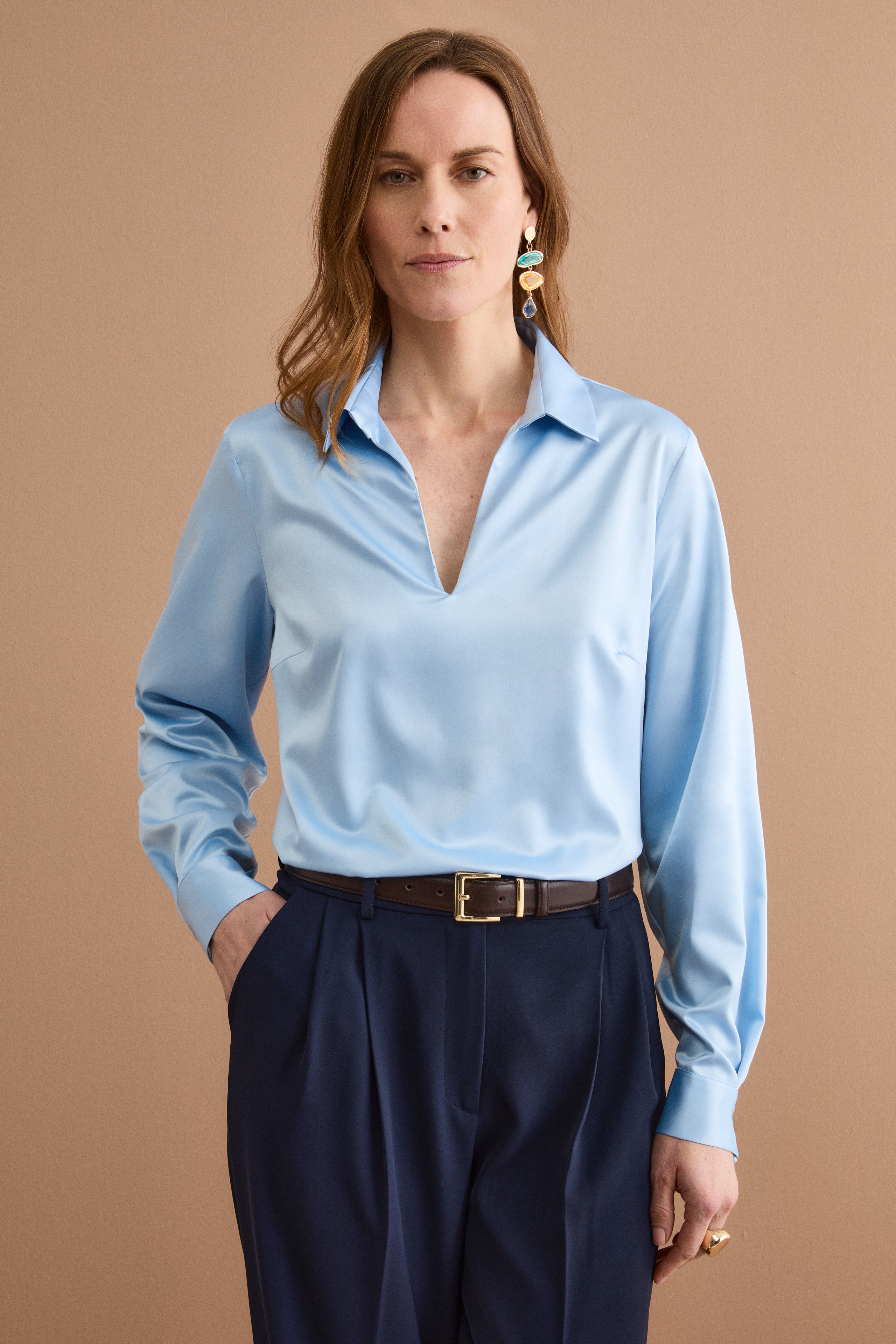 Blusa Over Elegante con Collo a Camicia - CIELO