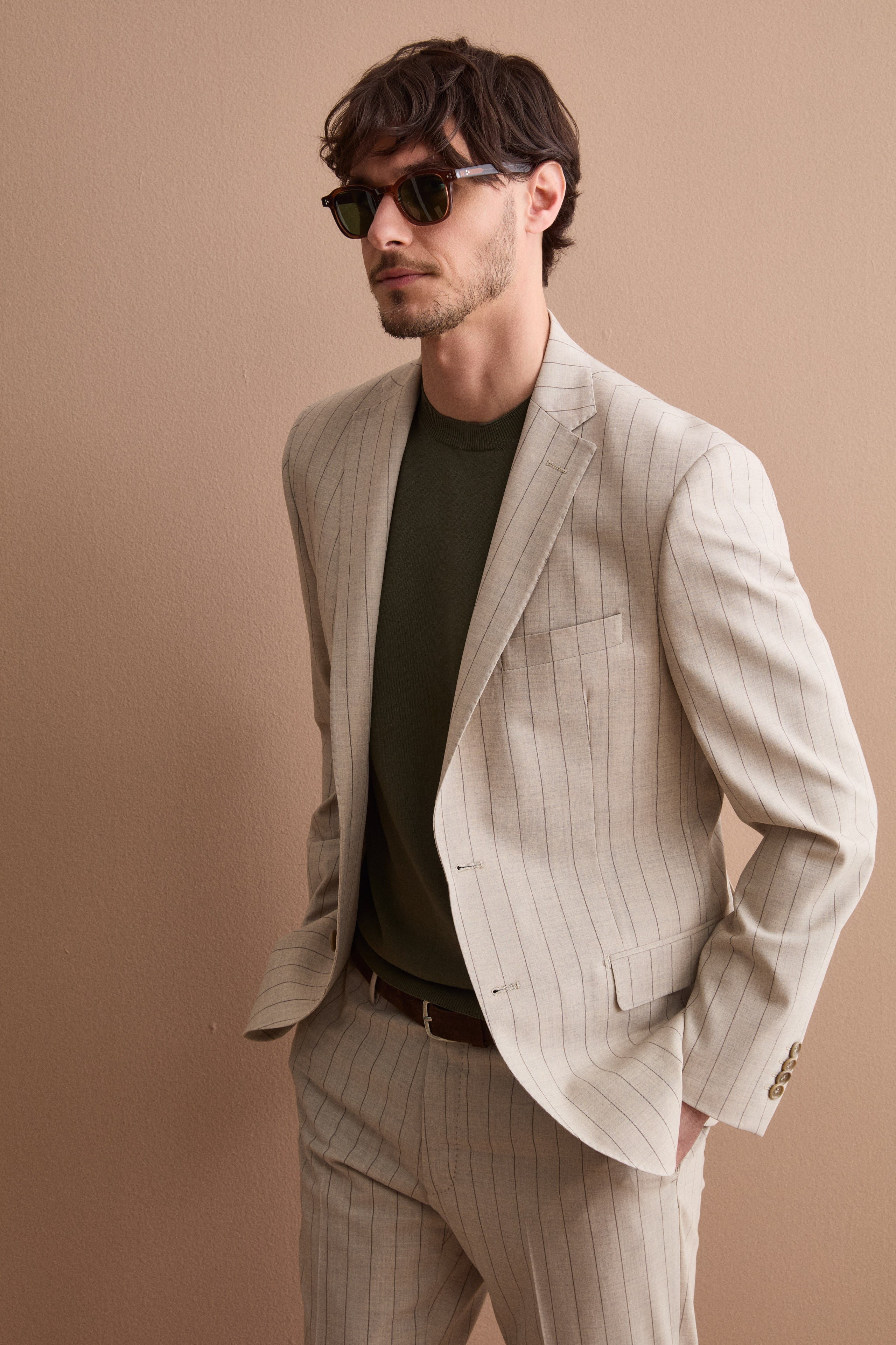 Abito Uomo in Lana Vergine Gessato Slim Fit - BEIGE GESSATO