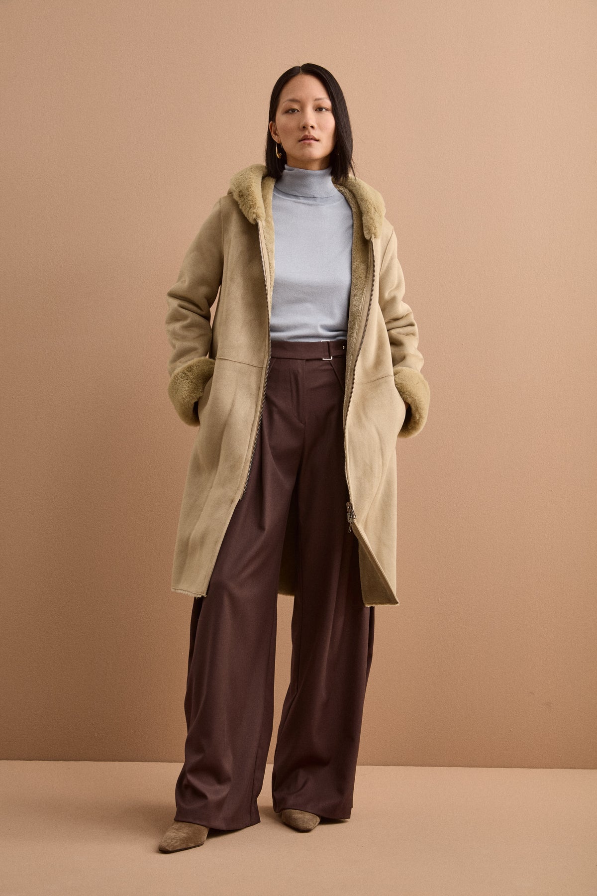 Cappotto Eco-Montone Reversibile con Cappuccio - VERDINO