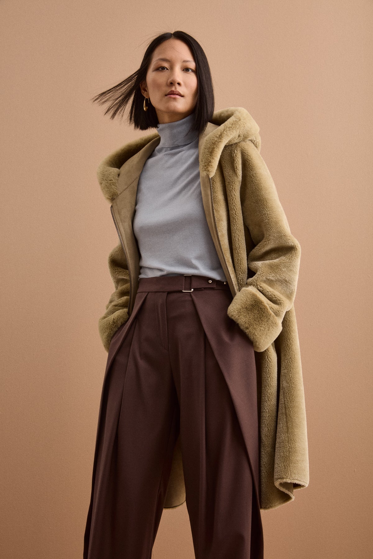 Cappotto Eco-Montone Reversibile con Cappuccio - VERDINO