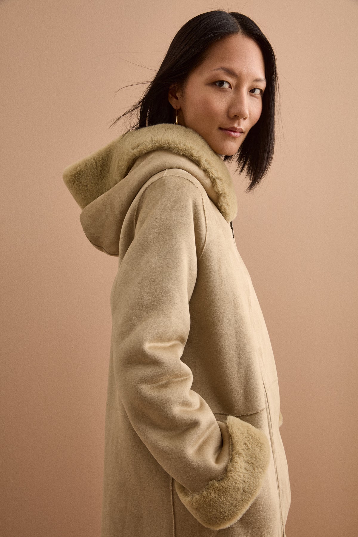 Cappotto Eco-Montone Reversibile con Cappuccio - VERDINO
