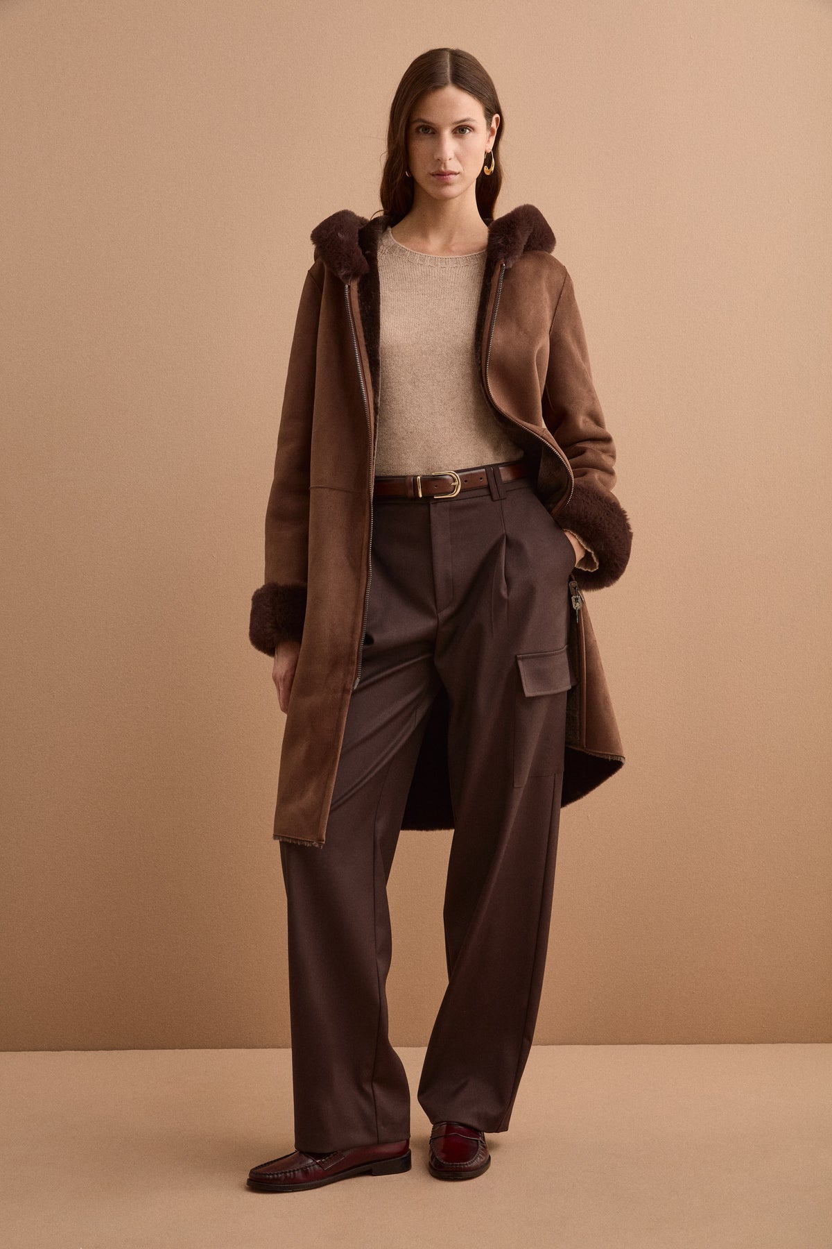 Cappotto Eco-Montone Reversibile con Cappuccio - MARRONE SCURO