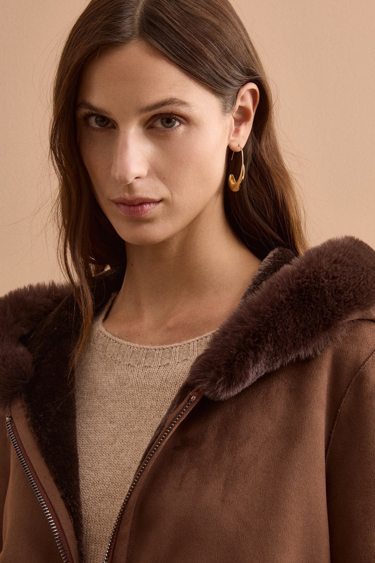Cappotto Eco-Montone Reversibile con Cappuccio - MARRONE SCURO