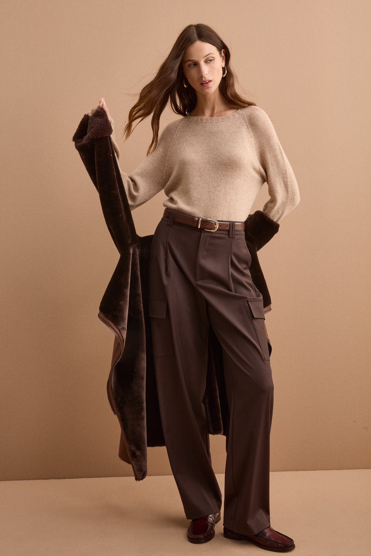 Cappotto Eco-Montone Reversibile con Cappuccio - MARRONE SCURO
