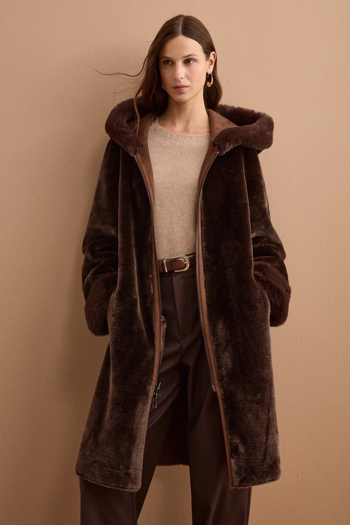 Cappotto Eco-Montone Reversibile con Cappuccio - MARRONE SCURO