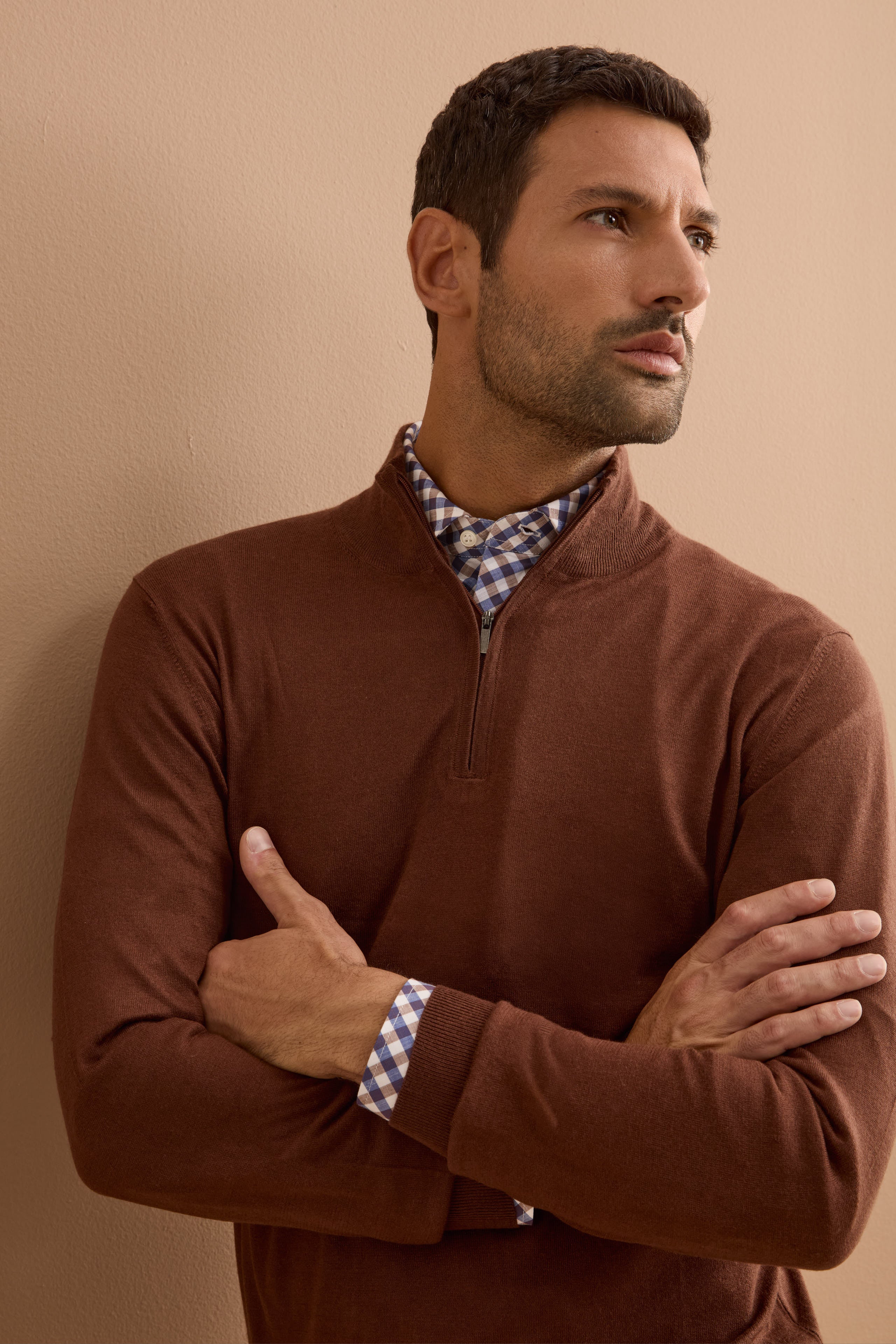 Lupetto Mezza Zip in Seta e Cashmere - MARRONE