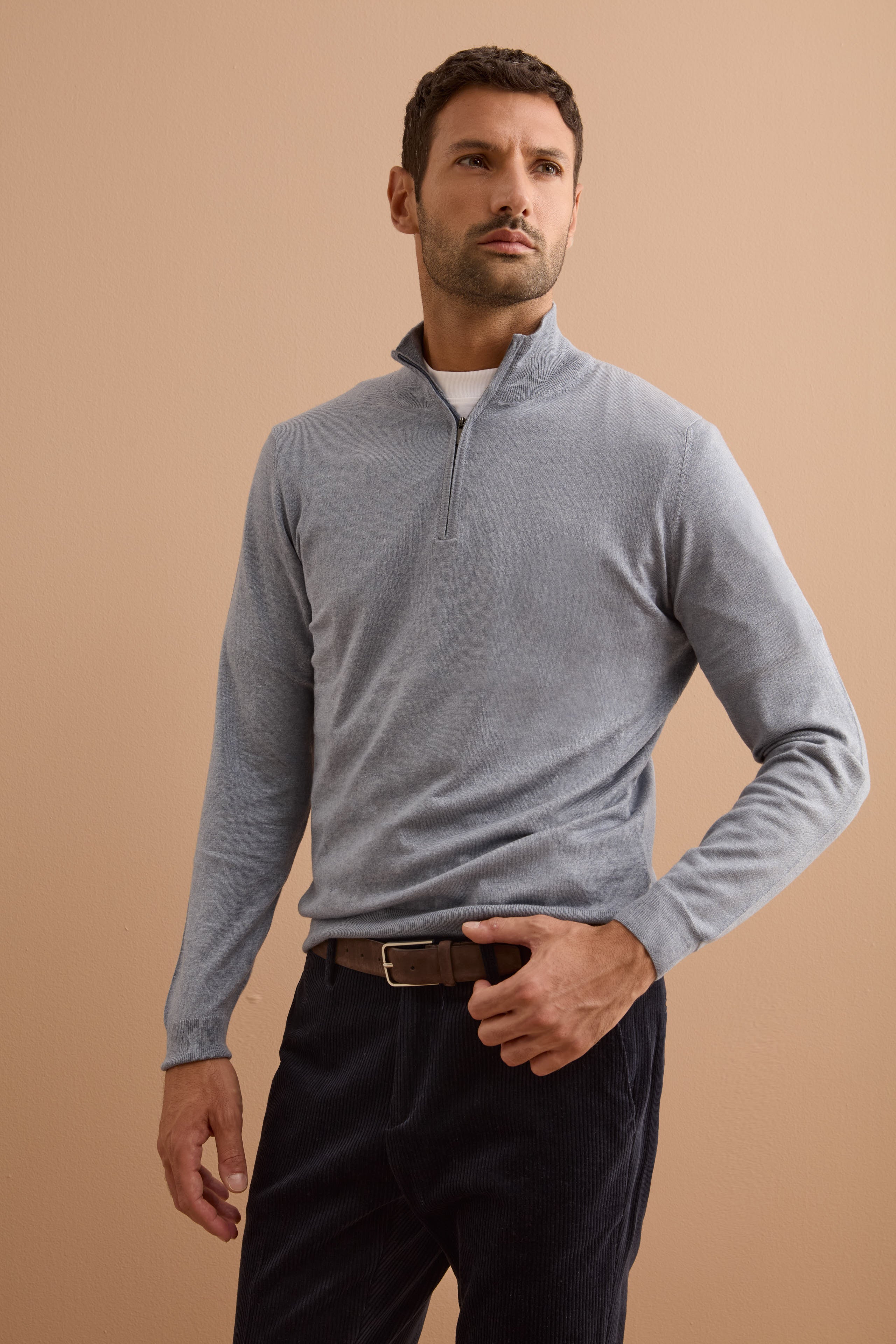 Lupetto Mezza Zip in Seta e Cashmere - GRIGIO