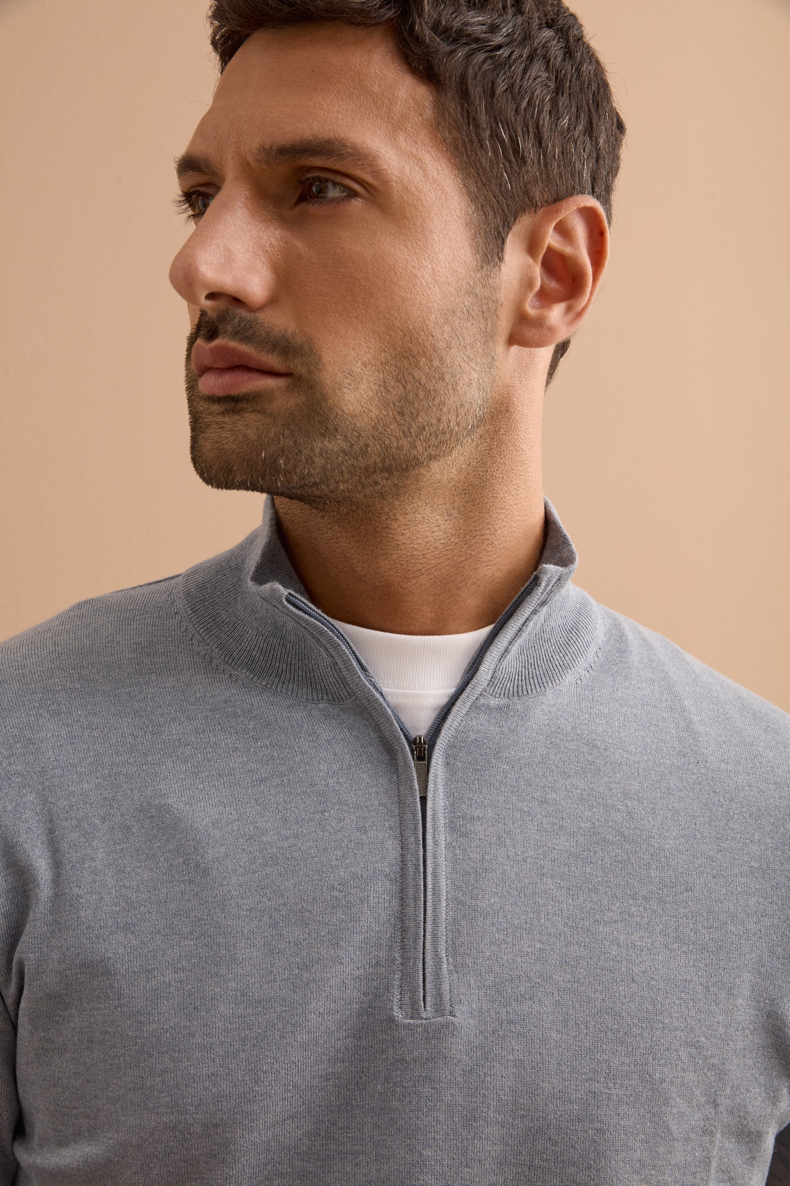 Lupetto Mezza Zip in Seta e Cashmere - GRIGIO