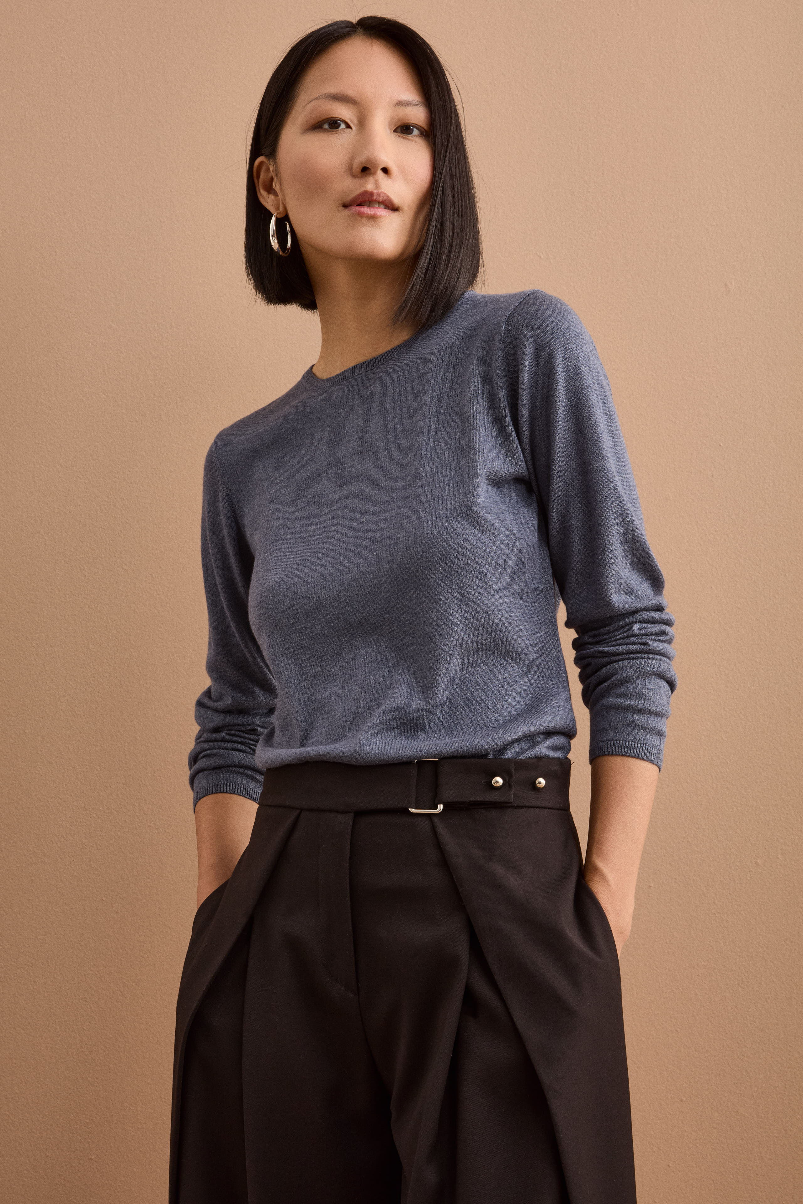 Maglia Girocollo in Seta e Cashmere - BLU GRIGIO
