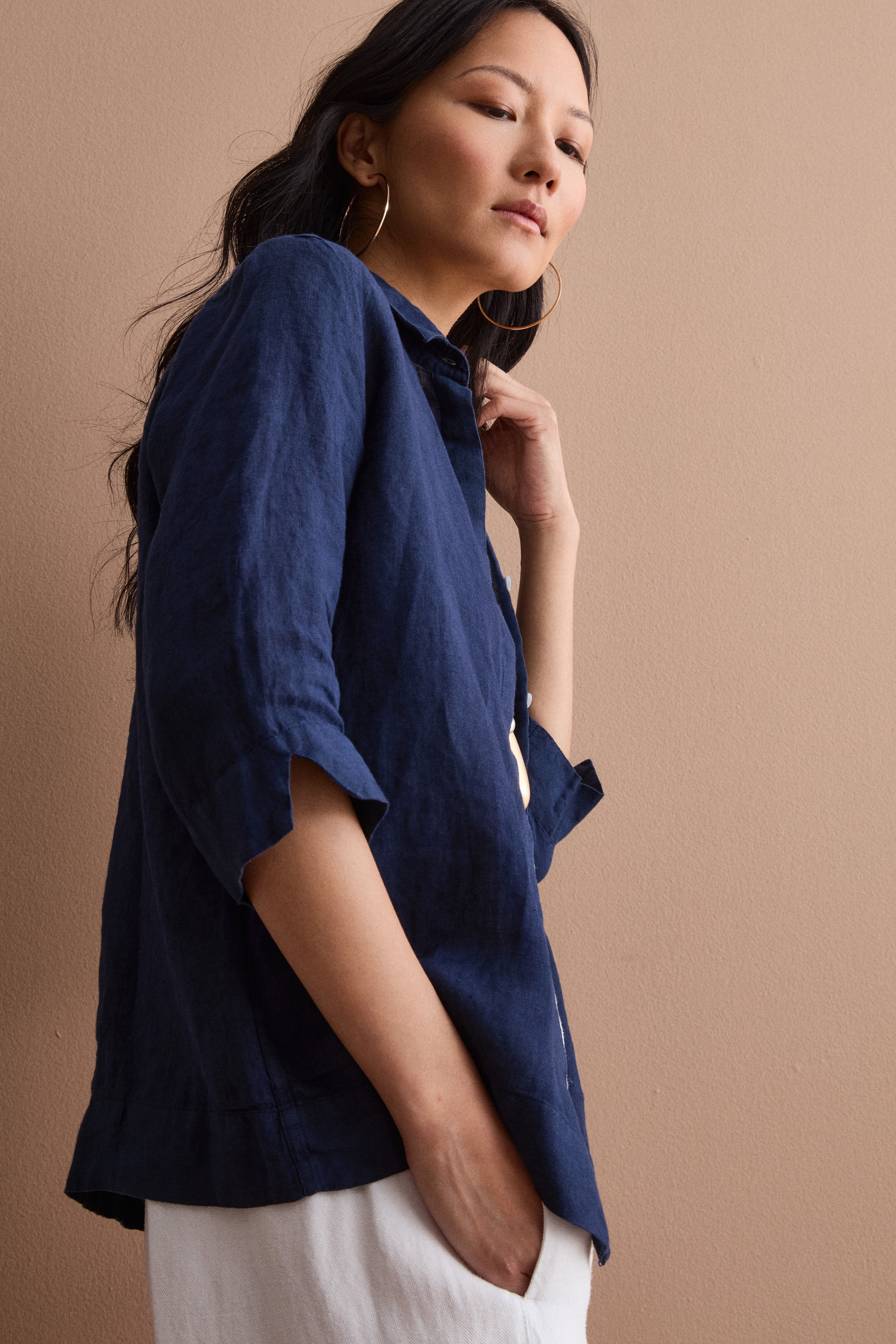 Camicia Boxy Morbida in Lino - NAVY