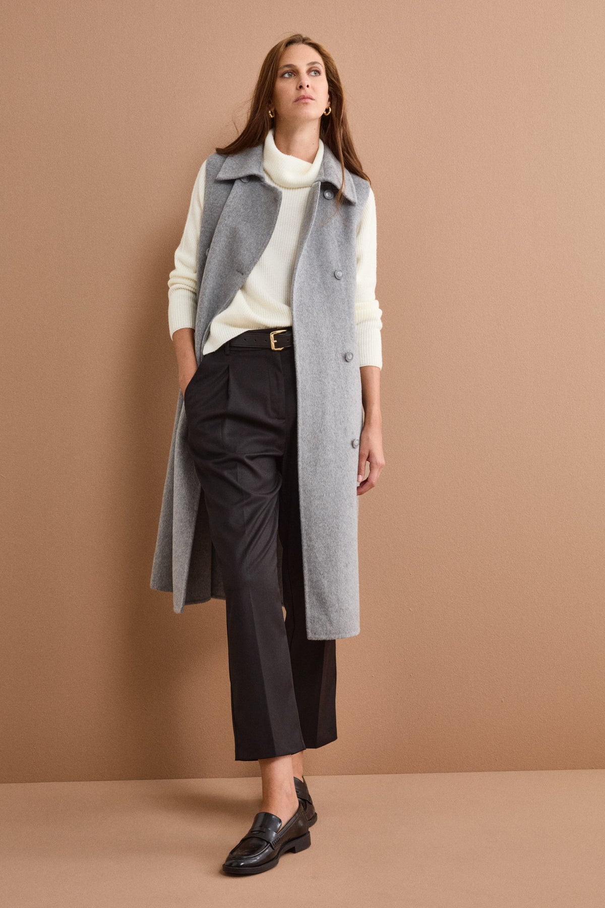 Gilet Lungo Doppiopetto in Misto Lana Double - GRIGIO