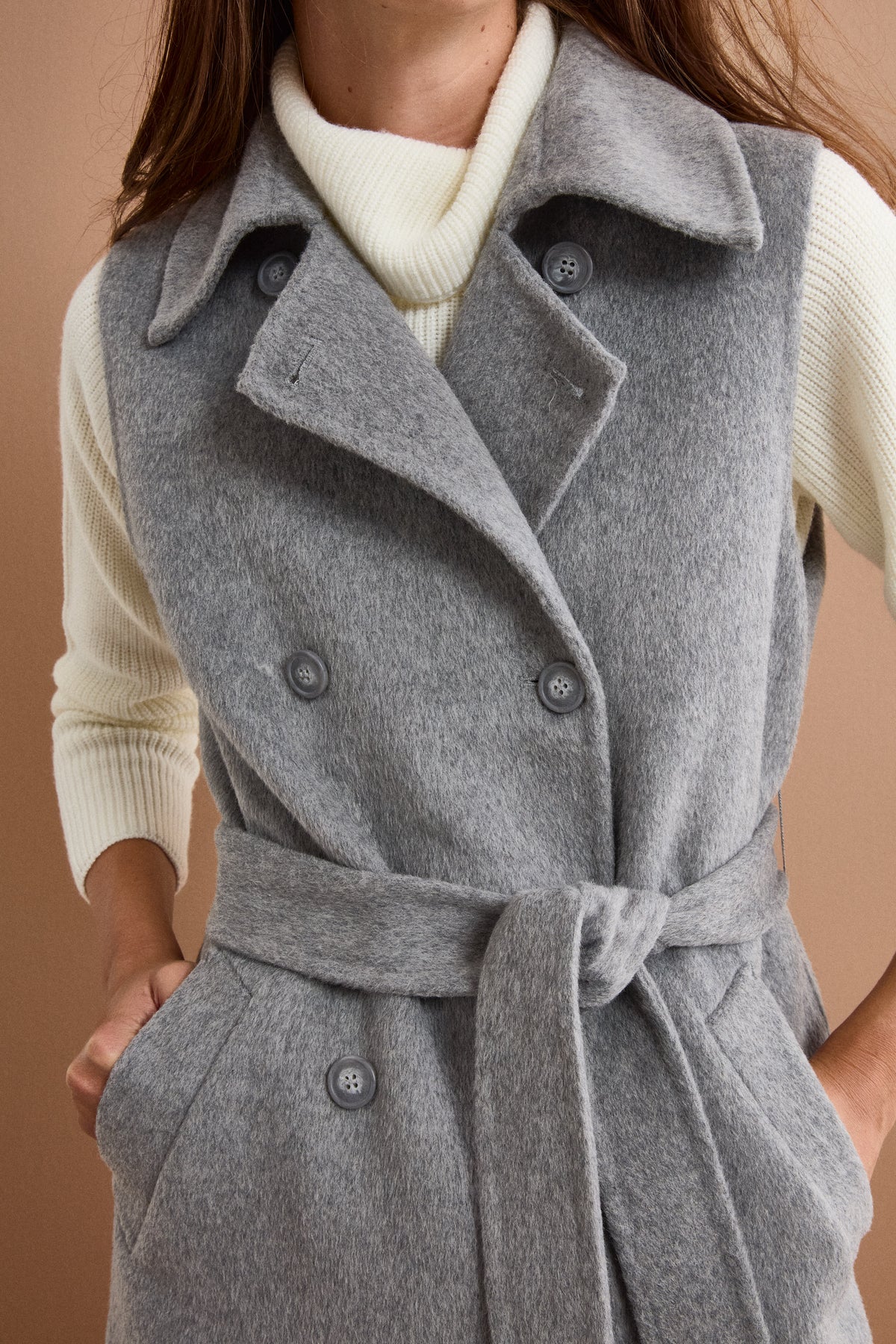 Gilet Lungo Doppiopetto in Misto Lana Double - GRIGIO
