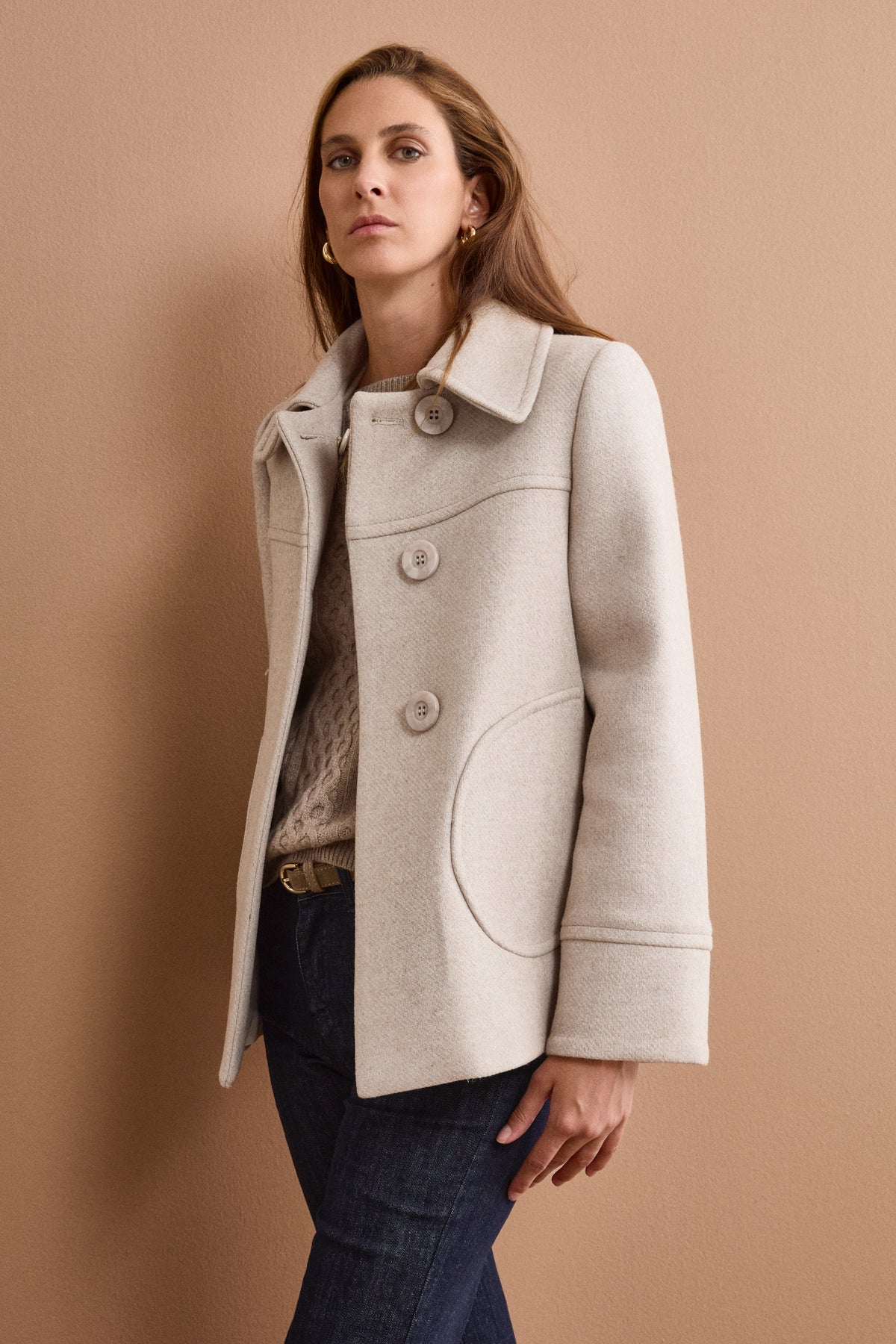 Cappotto Corto con Collo a Camicia in Misto Lana - NATURALE