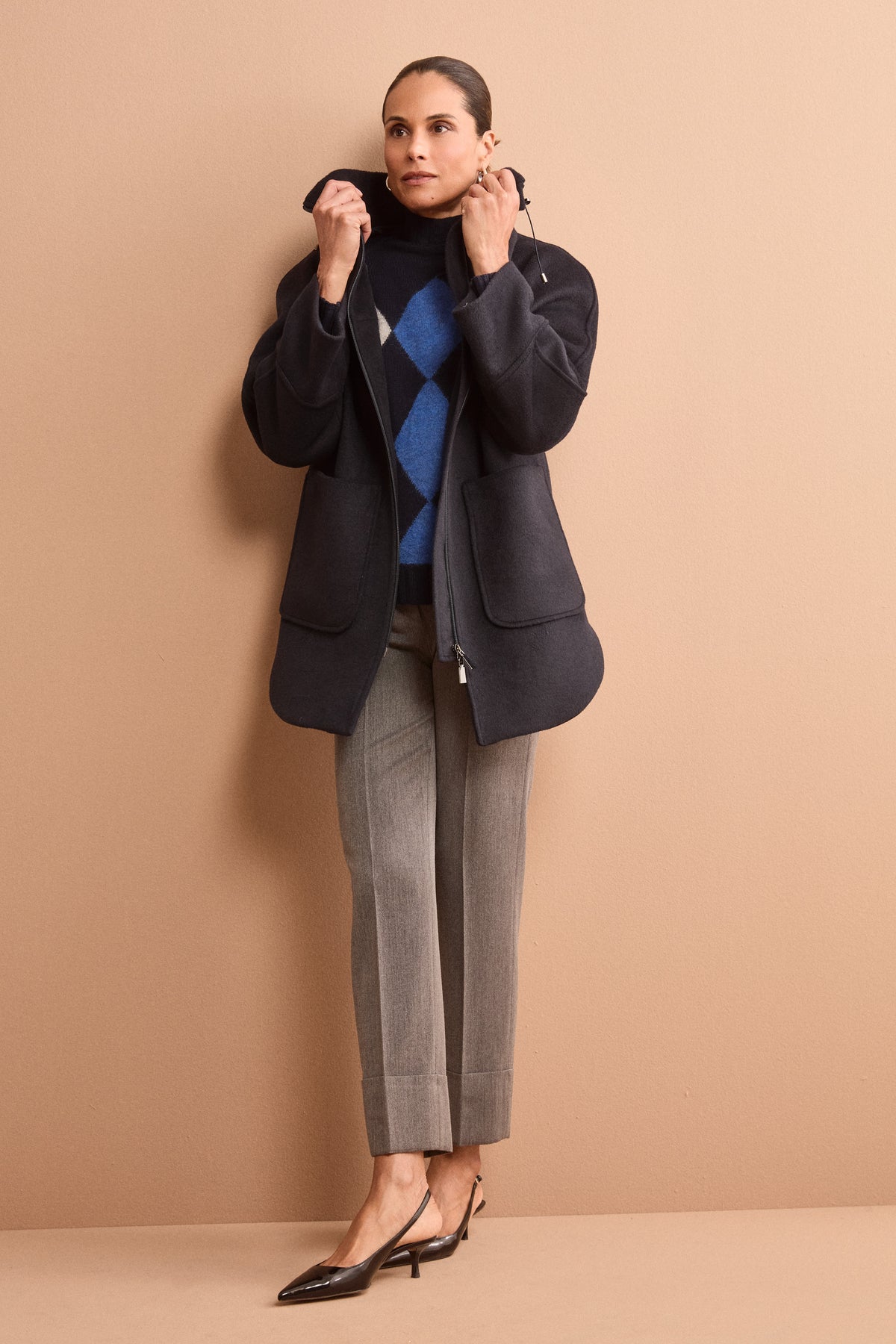 Cappotto Midi in Misto Lana con Zip e Cintura - BLU