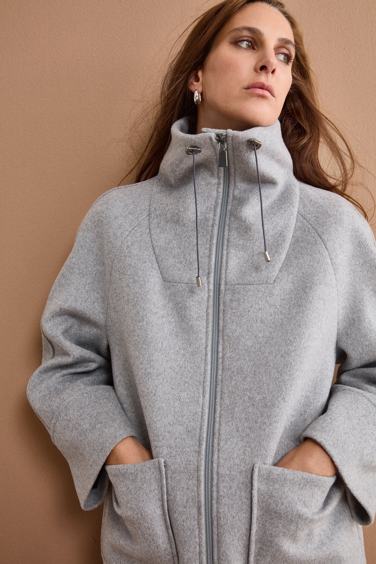 Cappotto Midi in Misto Lana con Zip e Cintura - GRIGIO