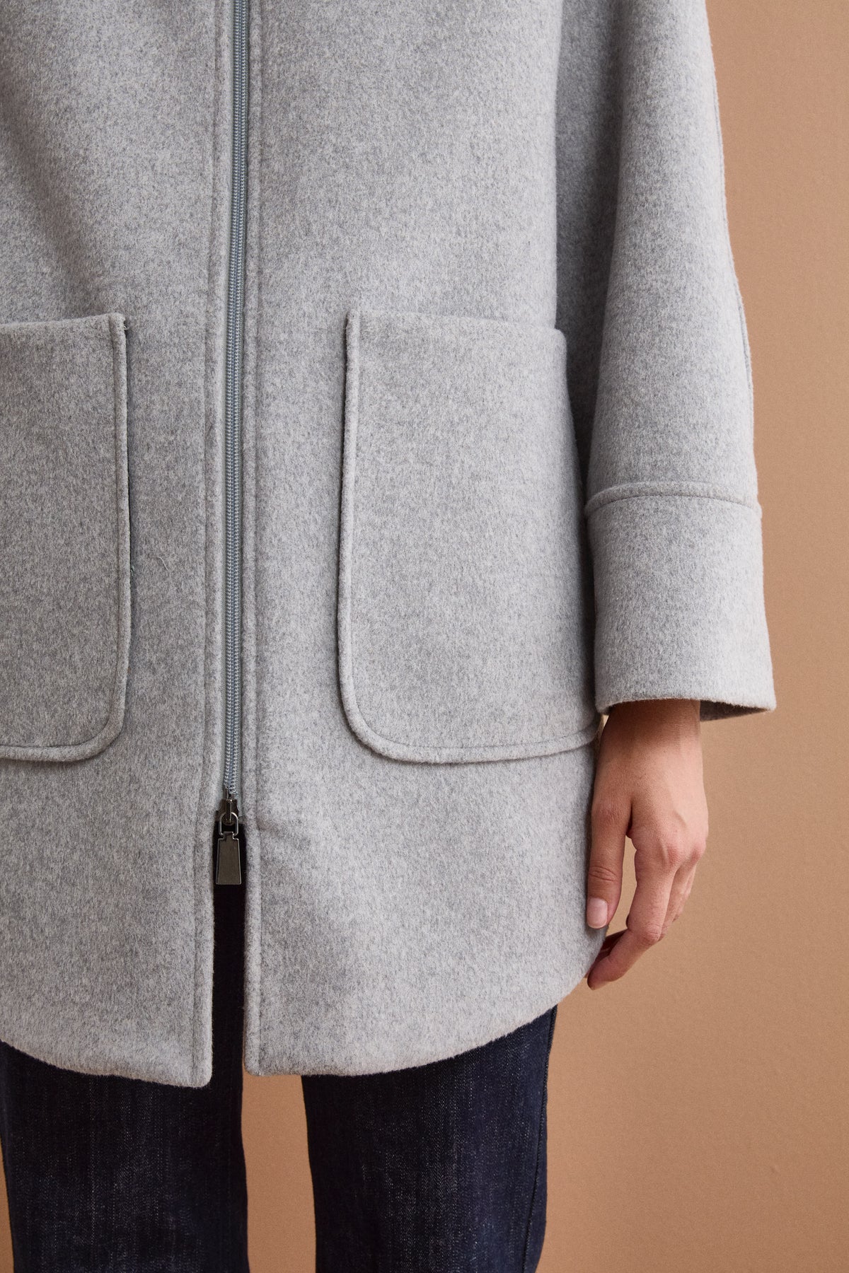 Cappotto Midi in Misto Lana con Zip e Cintura - GRIGIO