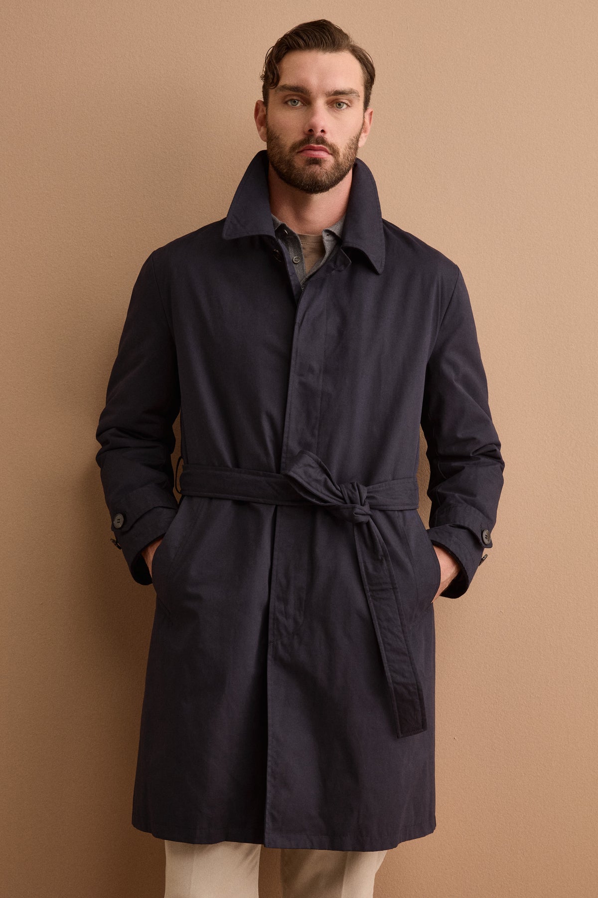 Trench Midi in Misto Cotone con Cintura - BLU