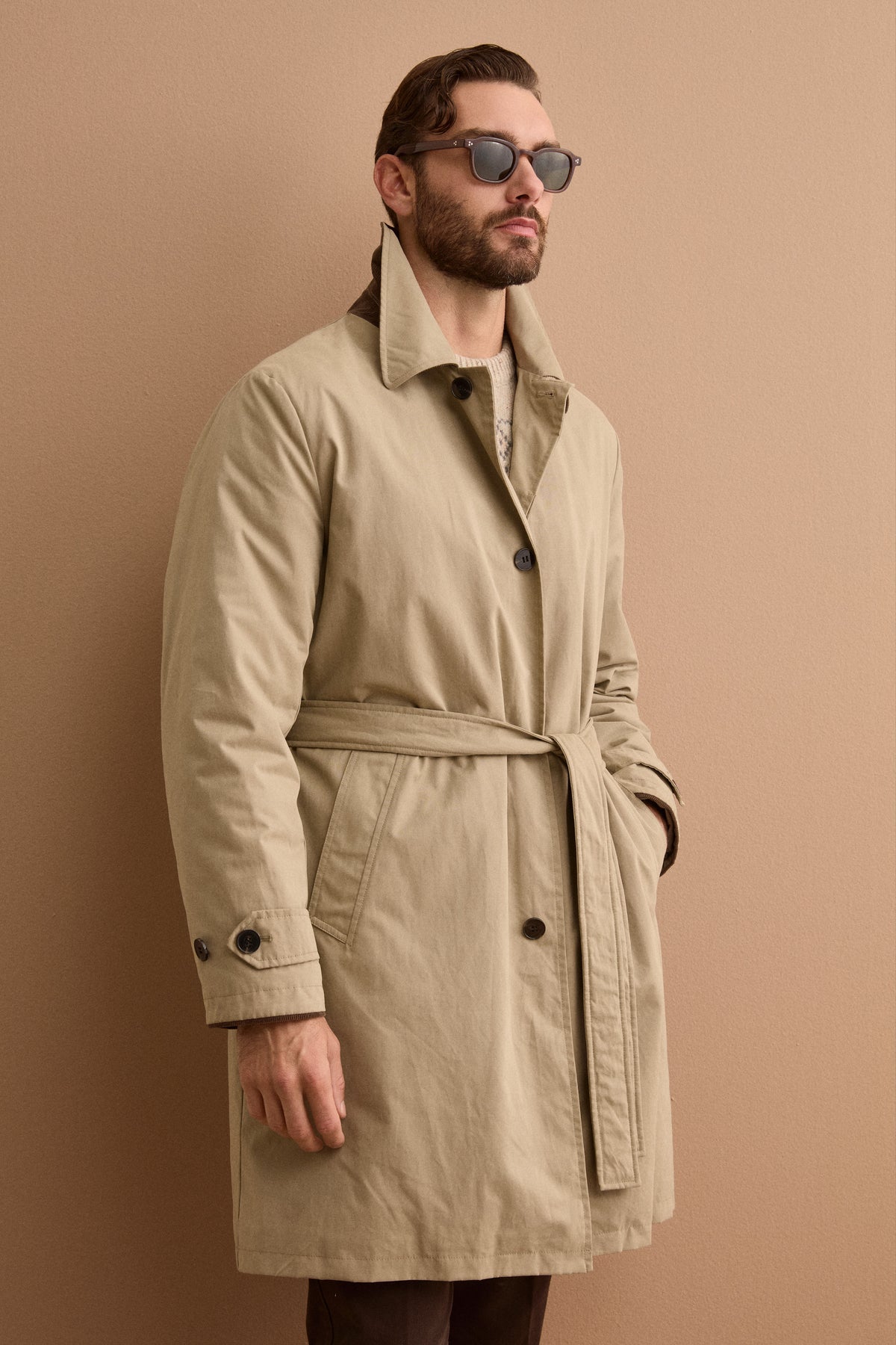 Trench Midi in Misto Cotone con Cintura - BEIGE