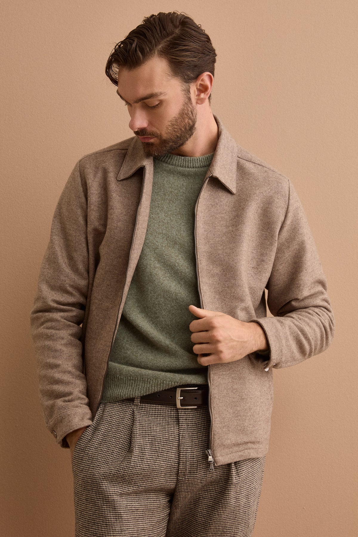 Giacca Overshirt in Misto Lana con Zip - FANGO