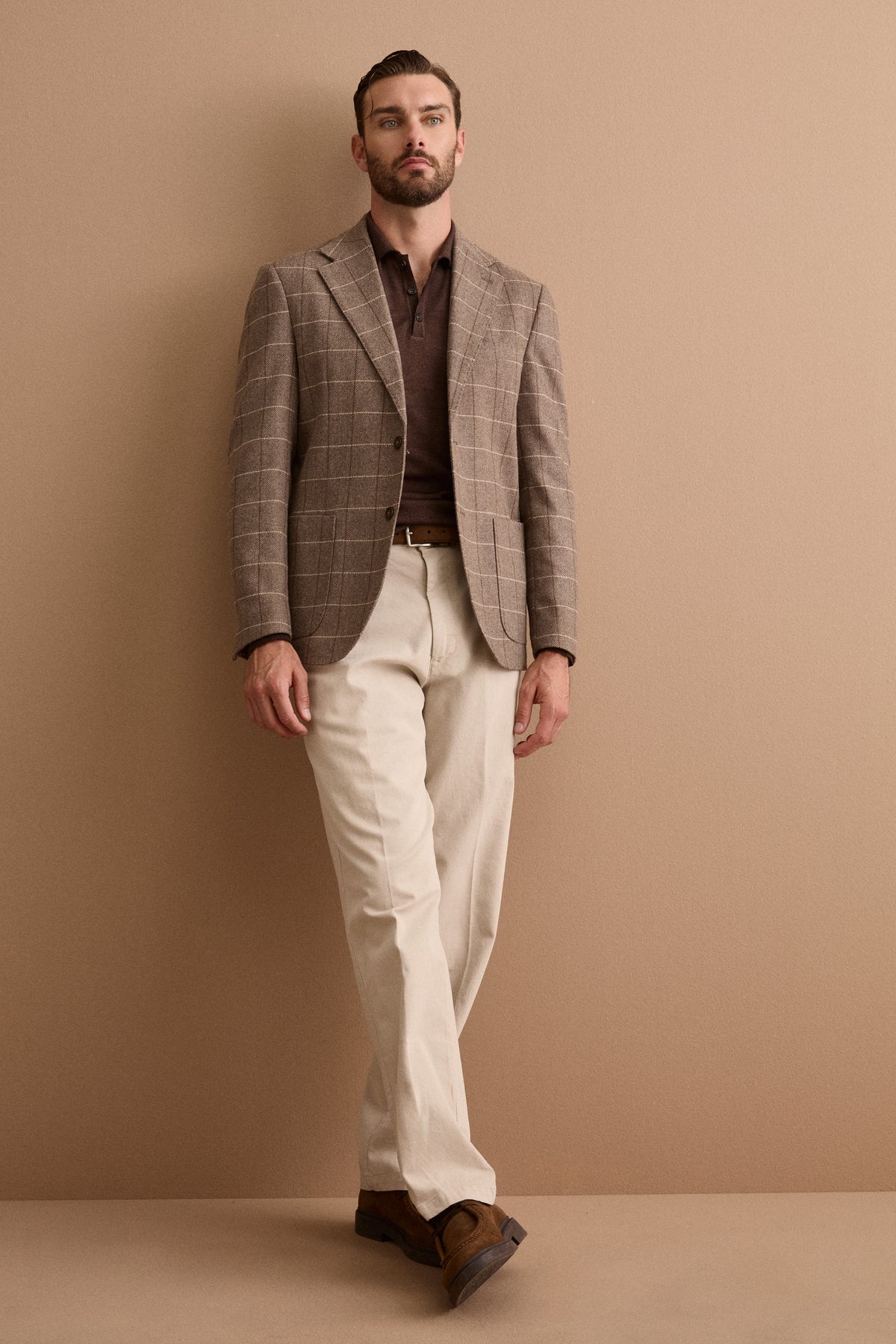 Giacca Check Slim Fit con Revers Classico in Misto Lana - MARRONE