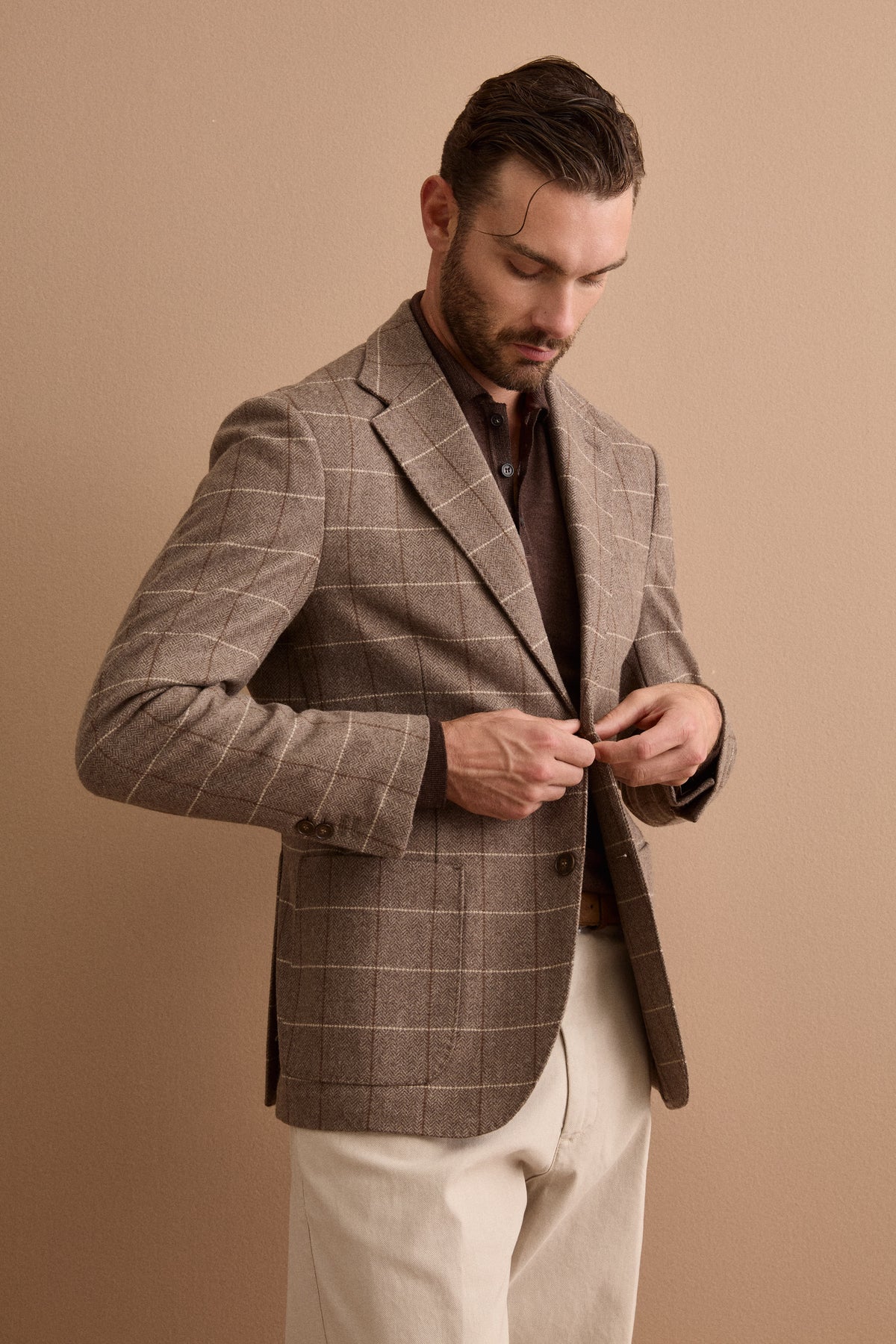 Giacca Check Slim Fit con Revers Classico in Misto Lana - MARRONE
