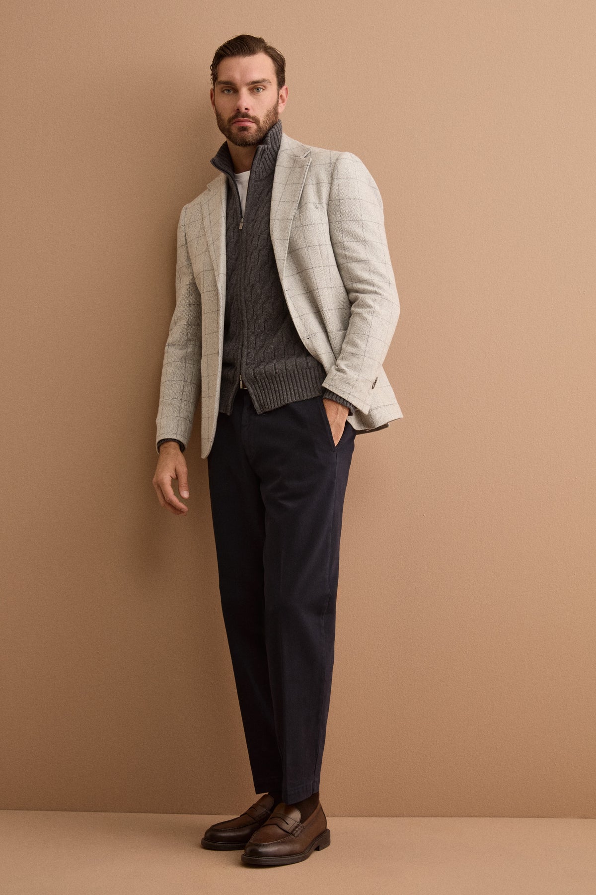 Giacca Check Slim Fit con Revers Classico in Misto Lana - GRIGIO