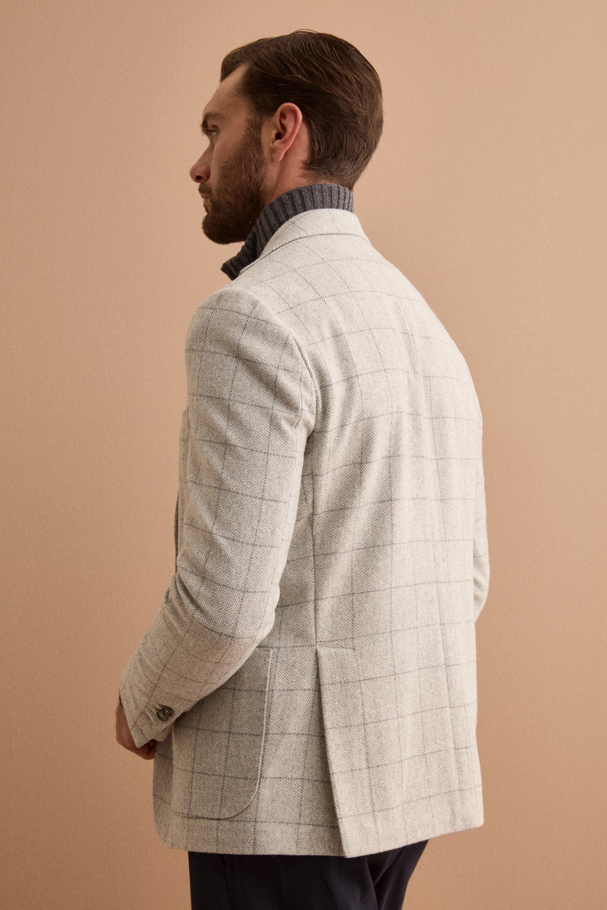 Giacca Check Slim Fit con Revers Classico in Misto Lana - GRIGIO