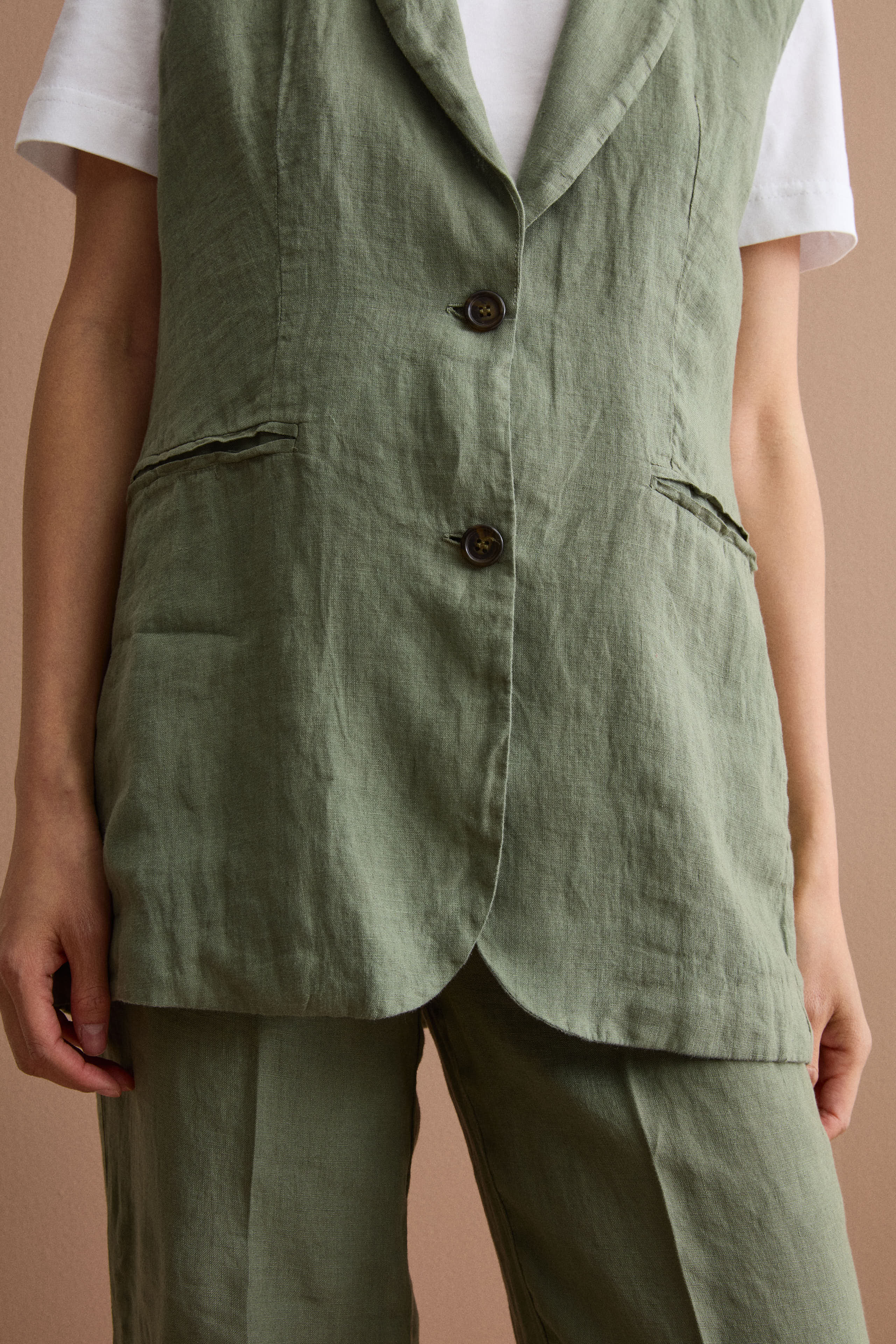 Gilet Sfoderato in Lino con Revers Classico - VERDE MILITARE