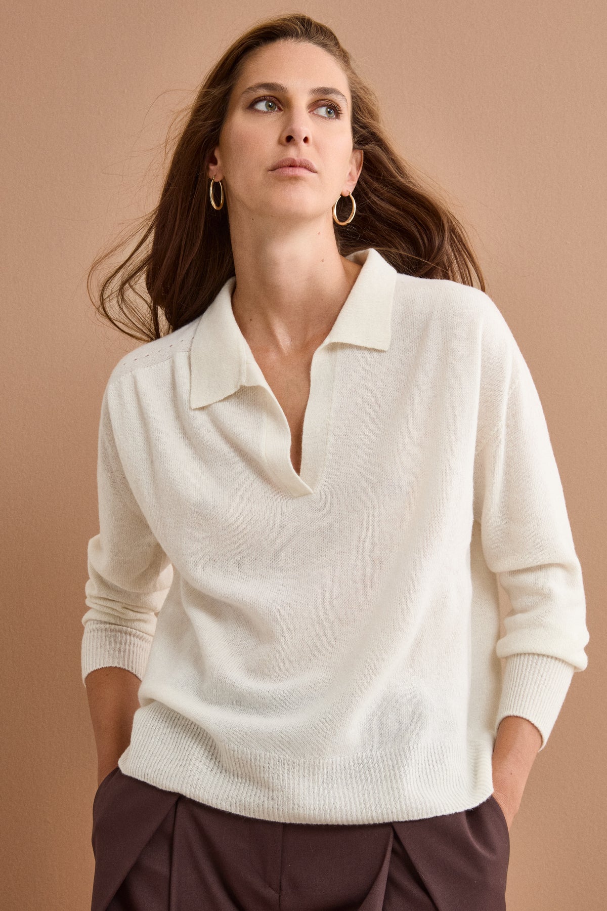 Polo Boxy Manica Lunga in Lana e Cashmere - BIANCO OTTICO