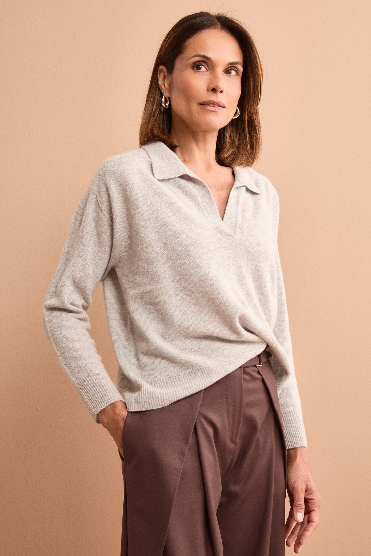 Polo Boxy Manica Lunga in Lana e Cashmere - CENERE