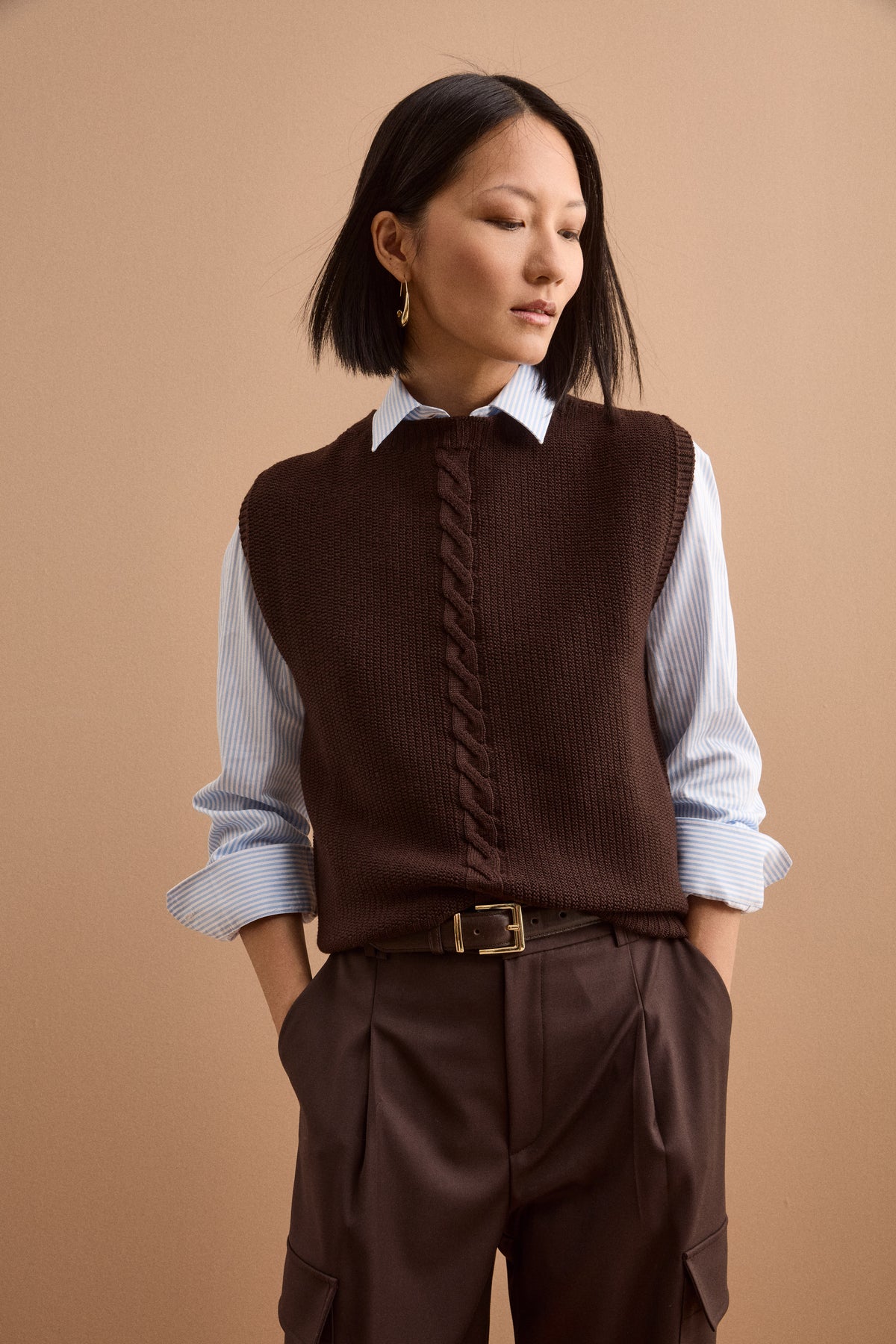 Gilet Boxy Fit con Motivo Treccia in Lana Merino - T.MORO