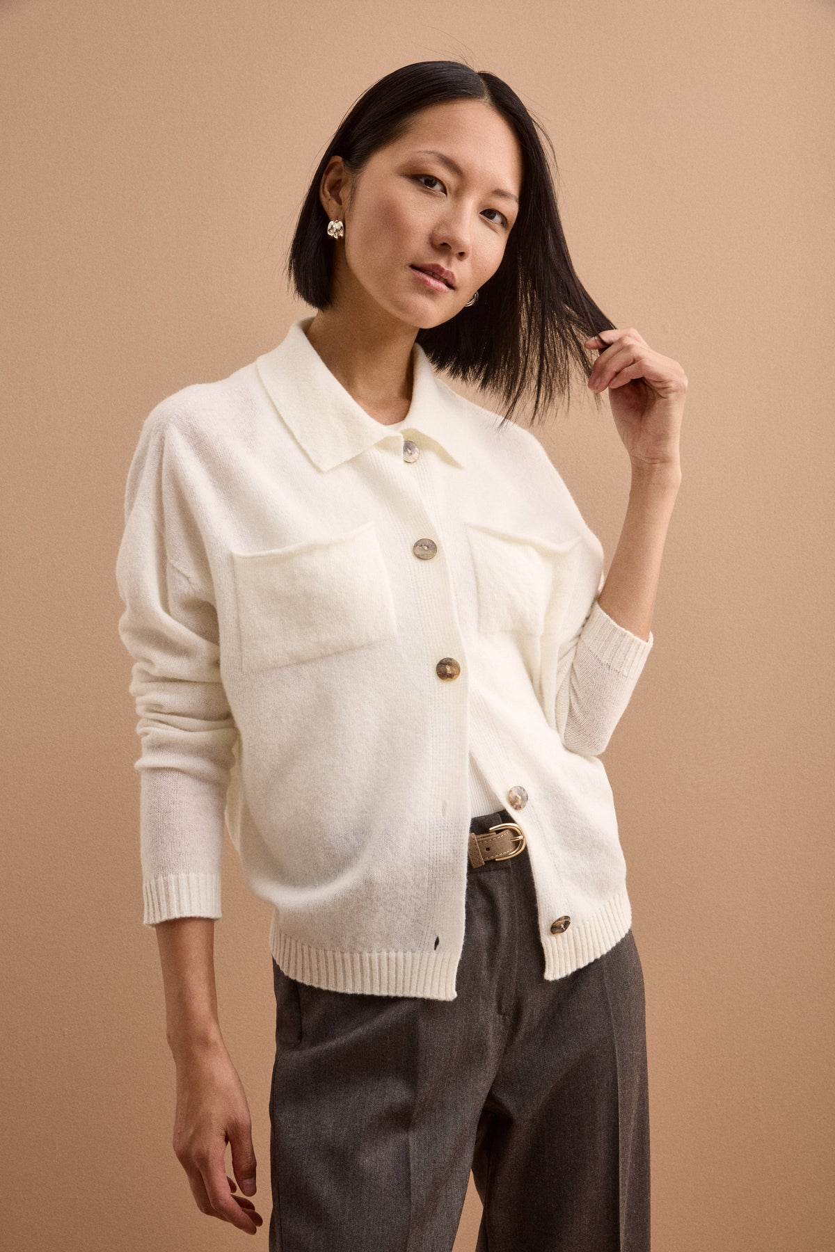 Cardigan con Bottoni e Collo a Polo in Lana Super Soft - PANNA