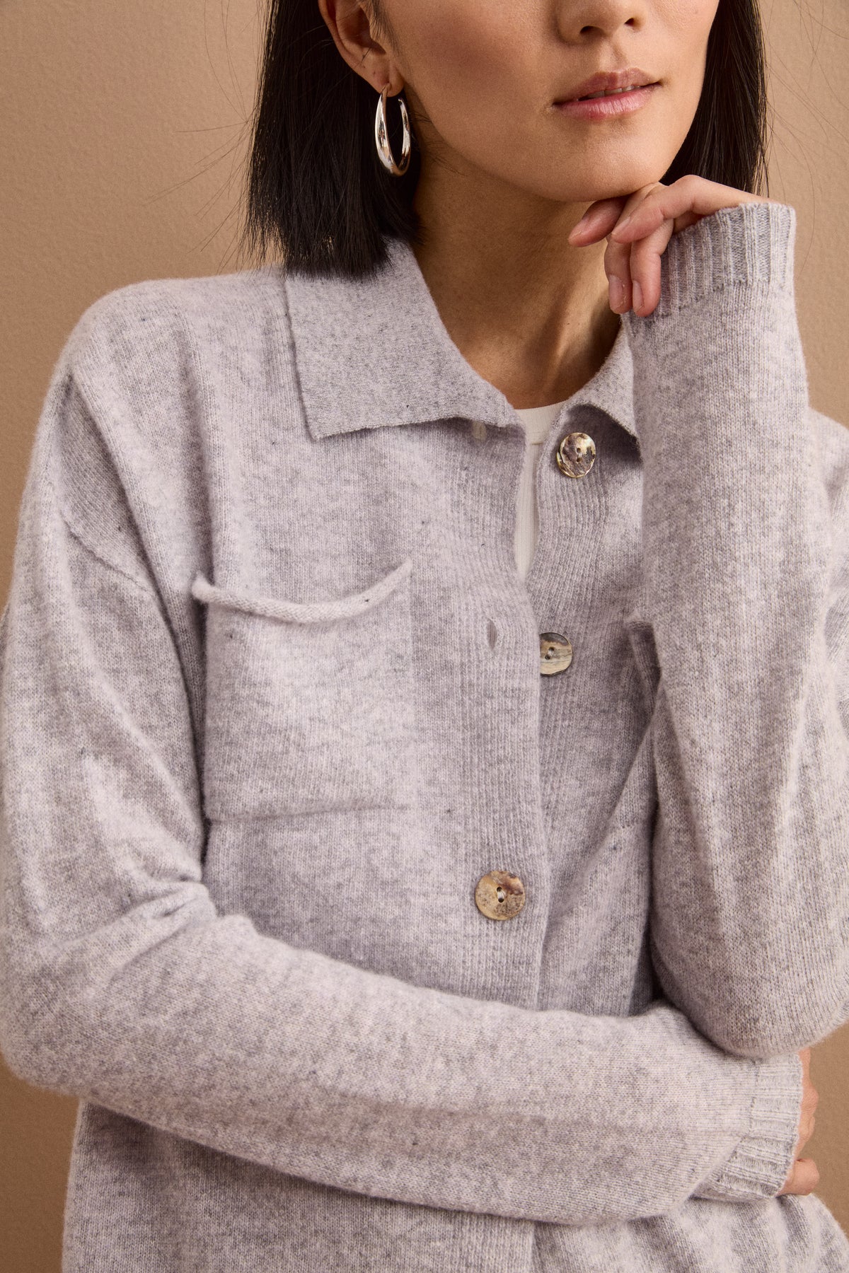 Cardigan con Bottoni e Collo a Polo in Lana Super Soft - GRIGIO