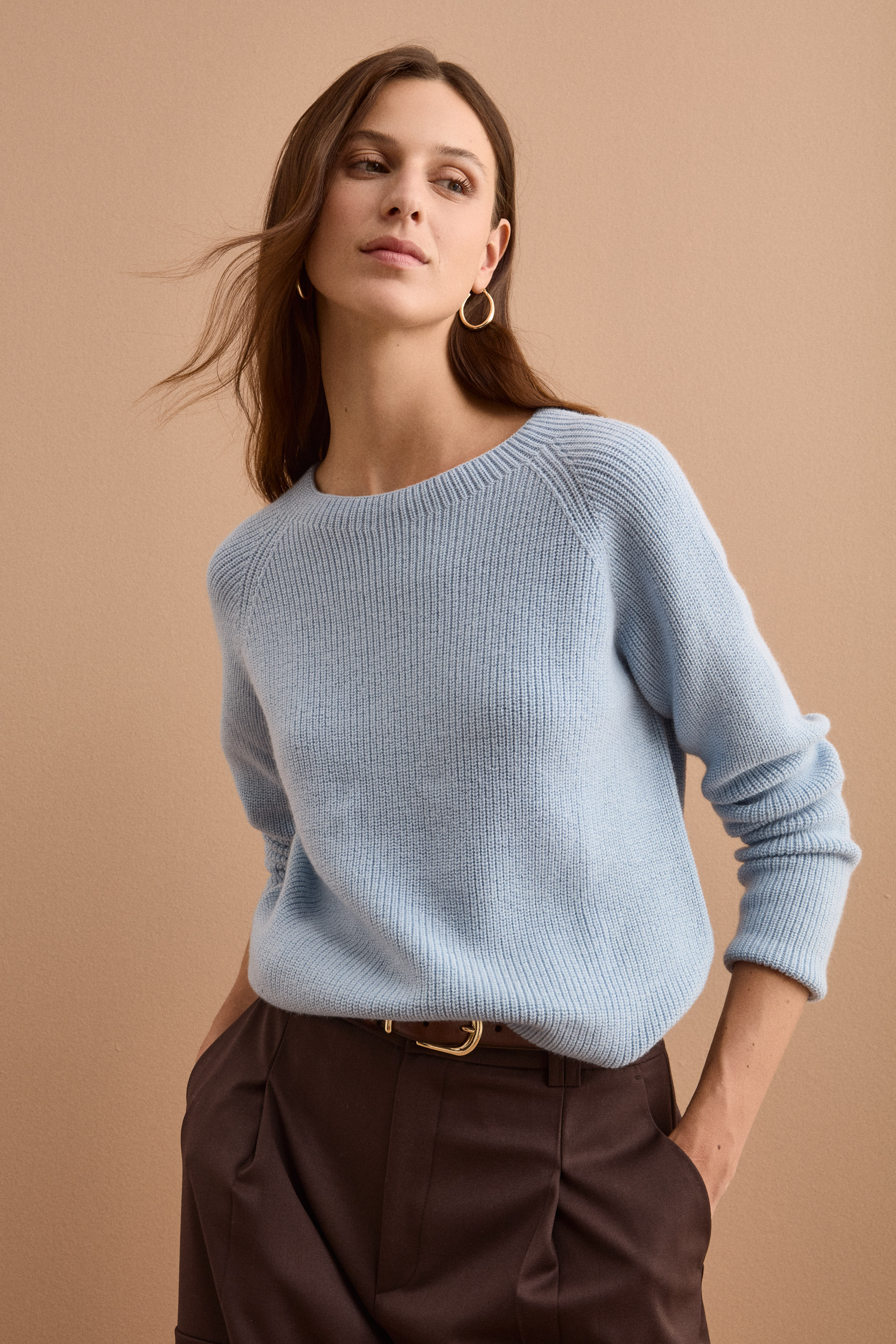 Maglia Girocollo a Coste Inglese in Lana Merino - AZZURRO
