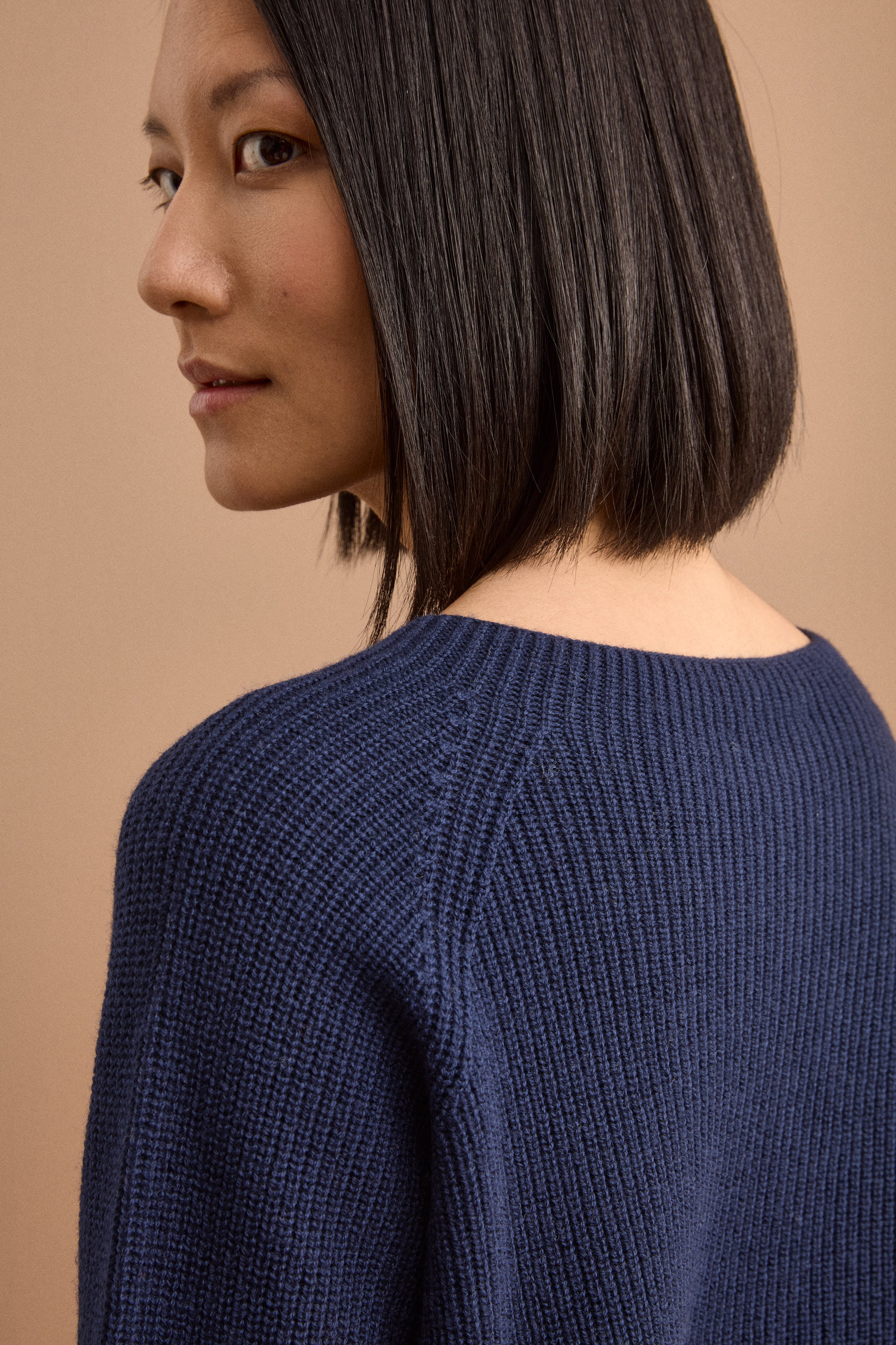 Maglia Girocollo a Coste Inglese in Lana Merino - NAVY
