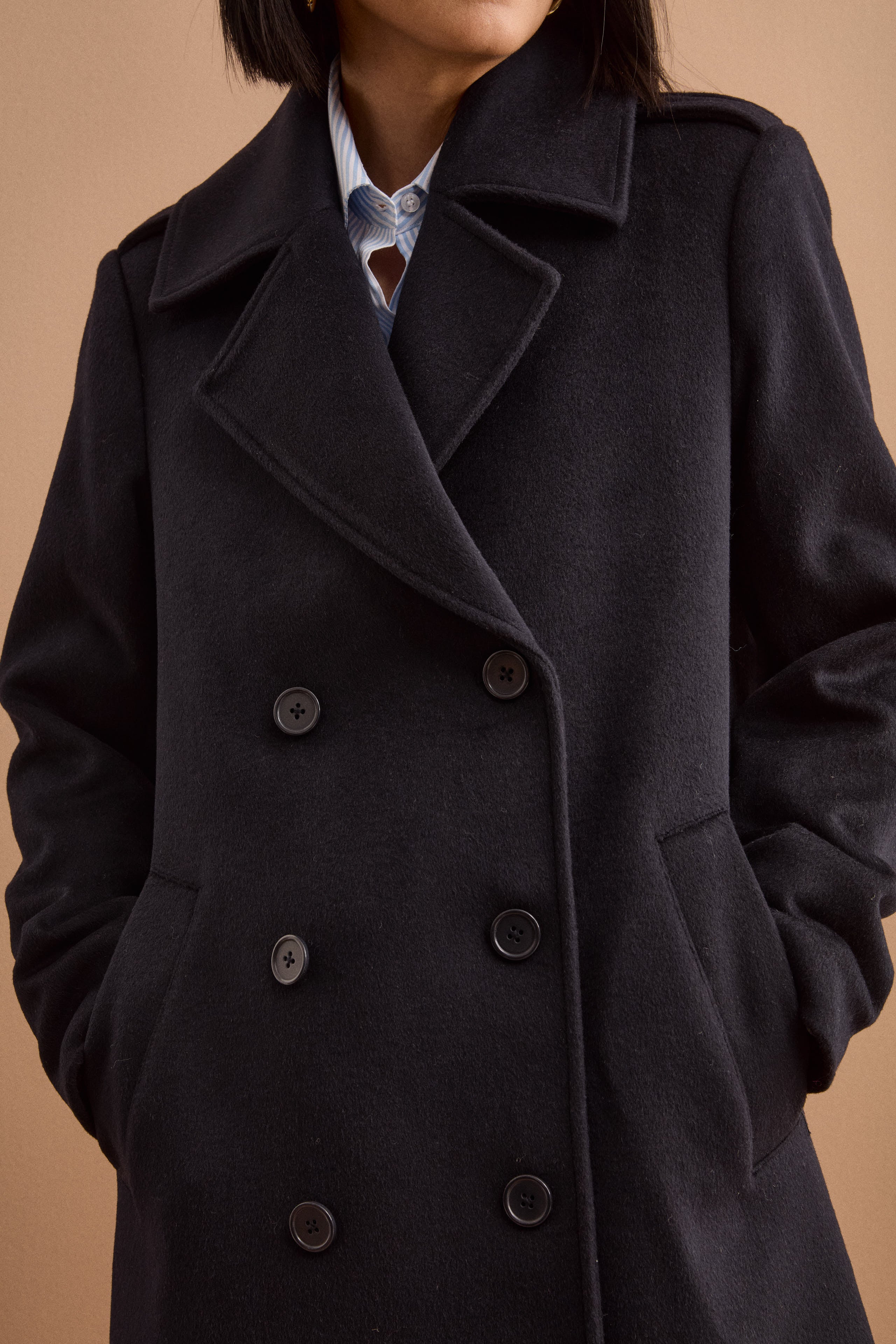 Cappotto Lungo Doppiopetto in Misto Lana Vergine - BLU