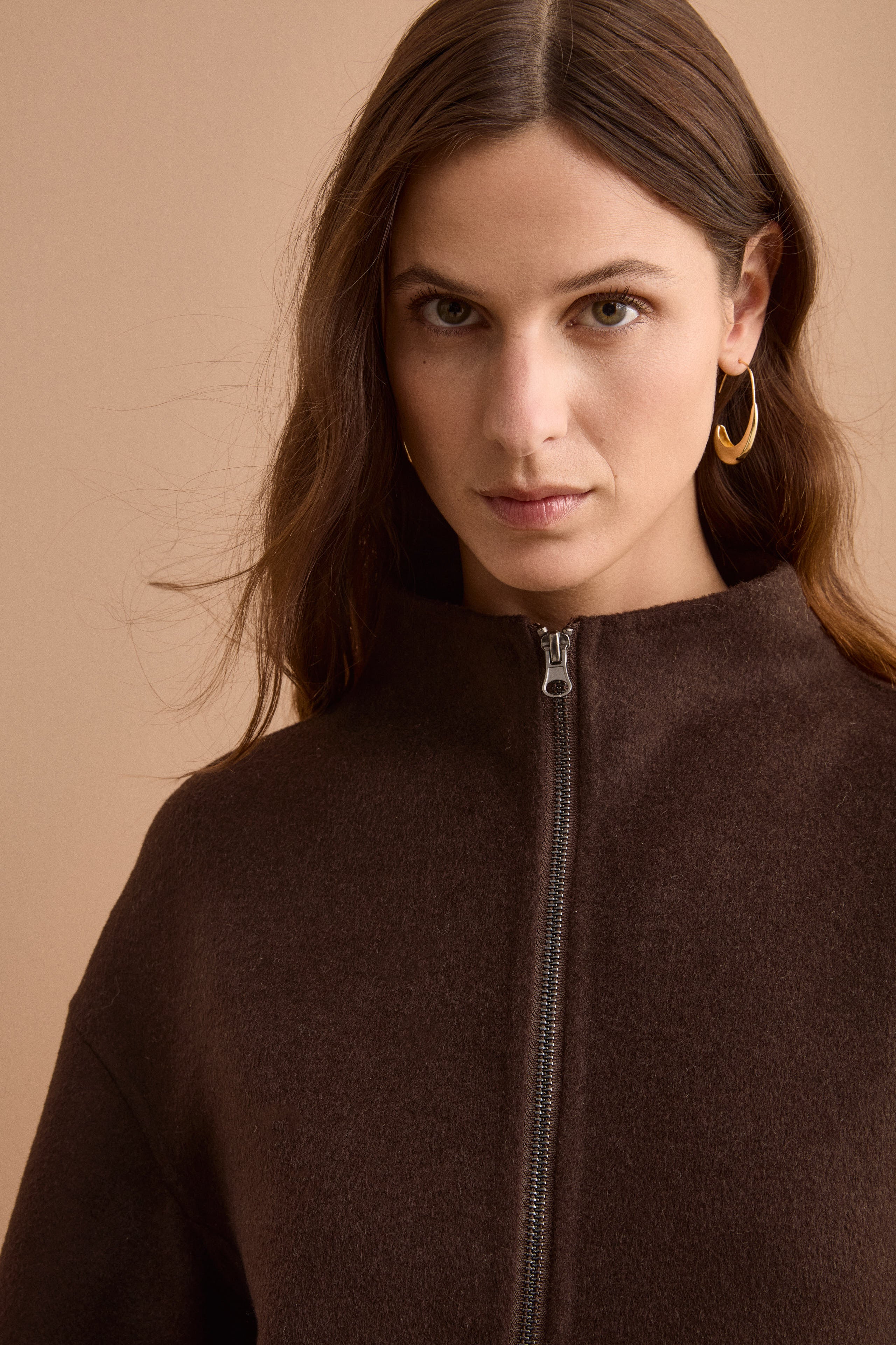 Bomber Boxy con Zip Sfoderato in Misto Lana - MARRONE
